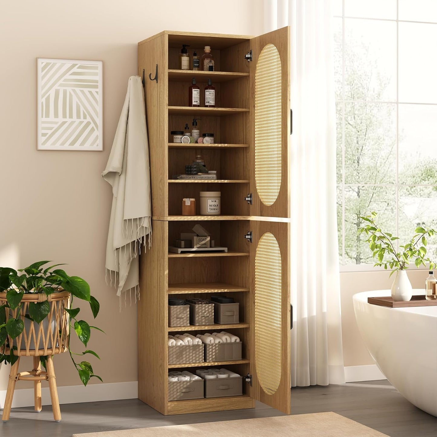 Epecoya Tall Bathroom Storage Cabinet with Rattan Doors for Toilet, 66-Inch Narrow Bath Room Organizer Space-Saving Floor Cabinets with Adjustable Shelves and 4 Hooks for Restroom, Small Spaces, Brown