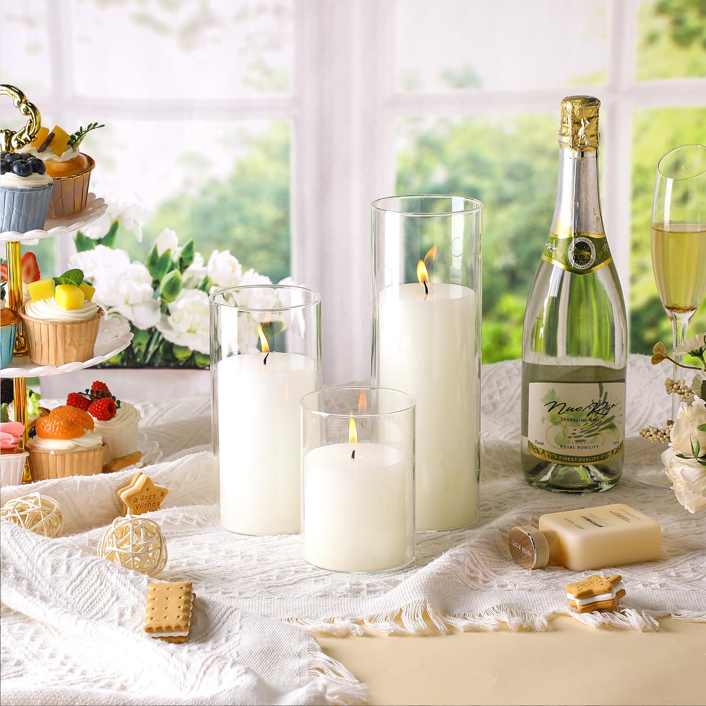 Shihanee Set of 3 Pillar Candles and 3 Glass Cylinder Candle Vases Holders Clear Pillar Jars for Wedding Centerpieces(3'' x 5.9'', 7.9'', 9.8'',Ivory White)