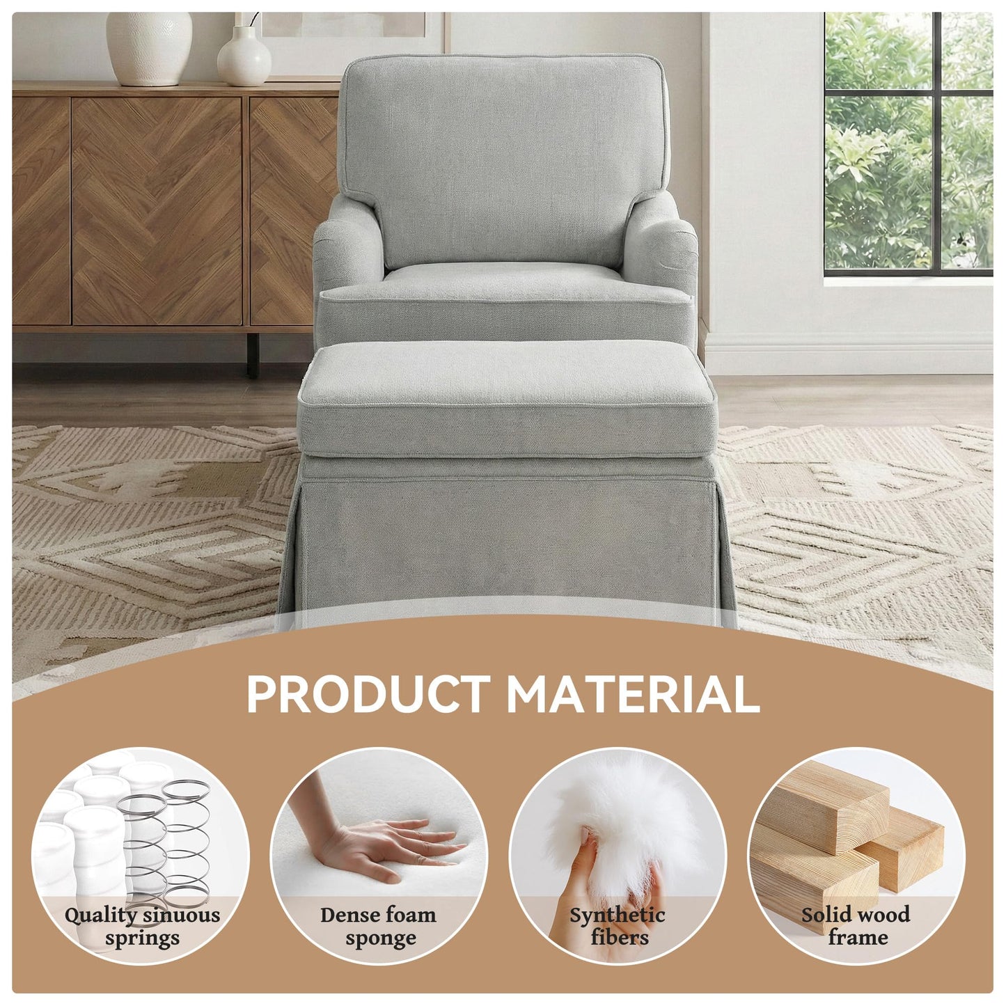 Swivel Accent Chair, 360° Swivel Upholstered Armchairs with Curved Arms, Comfy Chenille Fabric Lounge Reading Chairs for Living Room Bedroom Study, Metal Swivel Base, Tan