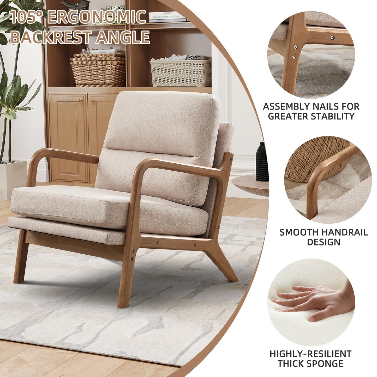 IOMOR Mid Century Modern Accent Chair with Solid Wood Frame Linen Fabric, Upholstered Living Room Chairs with Lumbar Cushion Padded Arms, Reading Armchair for Bedroom (1, Warm Beige)
