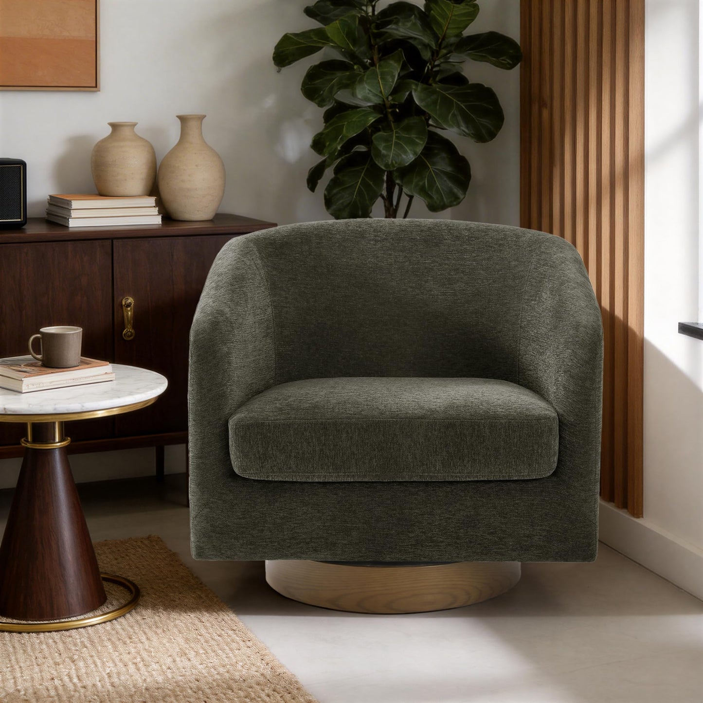 Swivel Barrel Chairs Set of 2, 31" W Modern Faux Leather Round Swivel Accent Chair for Living Room, 360° Rotation Upholstered Armchair Club Chair for Bedroom, Reading Room, Office (Brown)