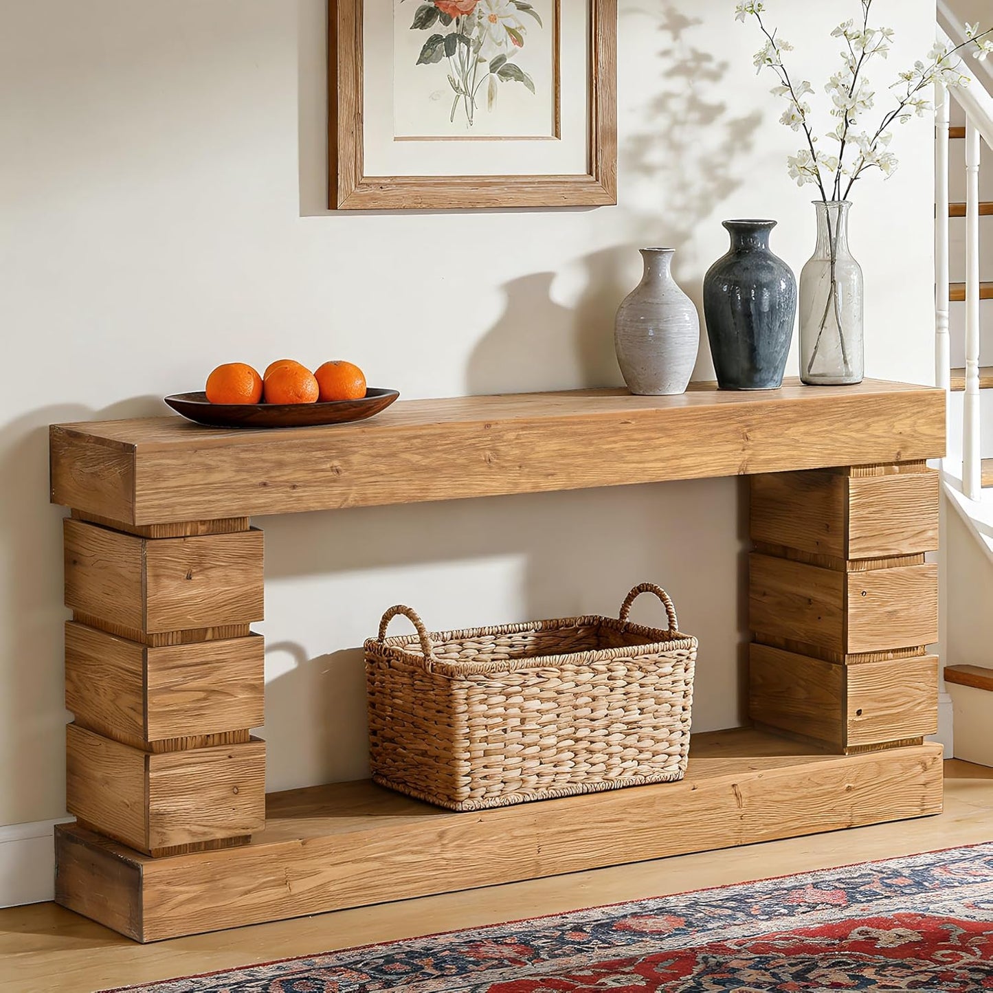 Solid Wood Console Table for Entryway, 62.9-Inch Long Narrow Sofa Table with Storage Shelf for Living Room Hallway