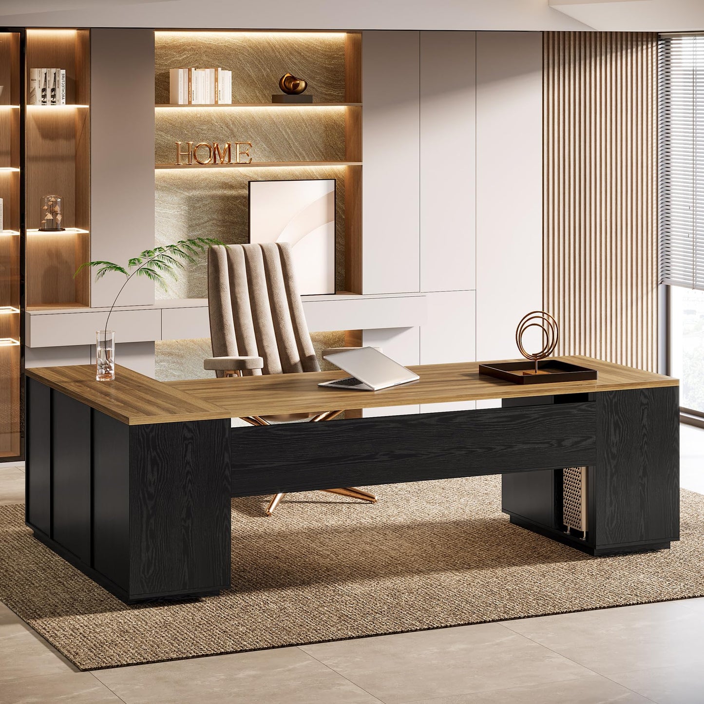 Tribesigns 85.8-Inch L-Shaped Executive Office Desk with File Drawers & Storage Cabinet, Professional Corner Computer Desk Extra Large Business Workstation with Adjustable Shelves (White&Walnut)