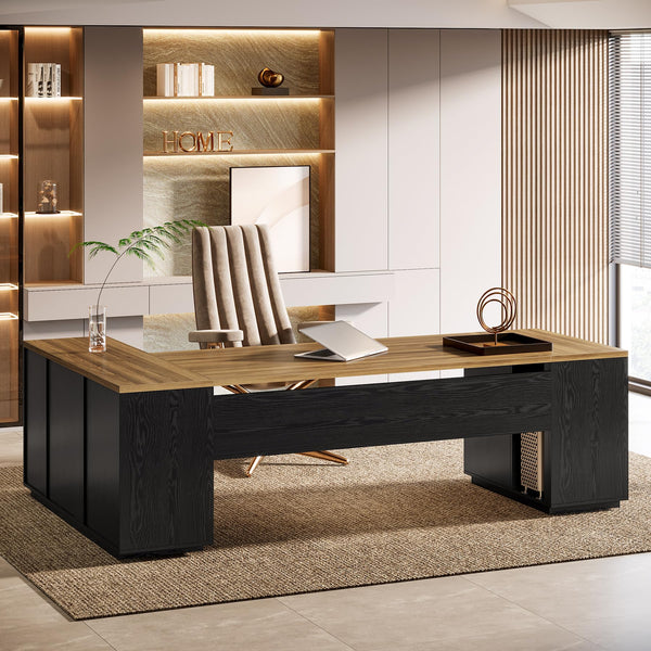 Tribesigns 85.8-Inch L-Shaped Executive Office Desk with File Drawers & Storage Cabinet, Professional Corner Computer Desk Extra Large Business Workstation with Adjustable Shelves (White&Walnut)