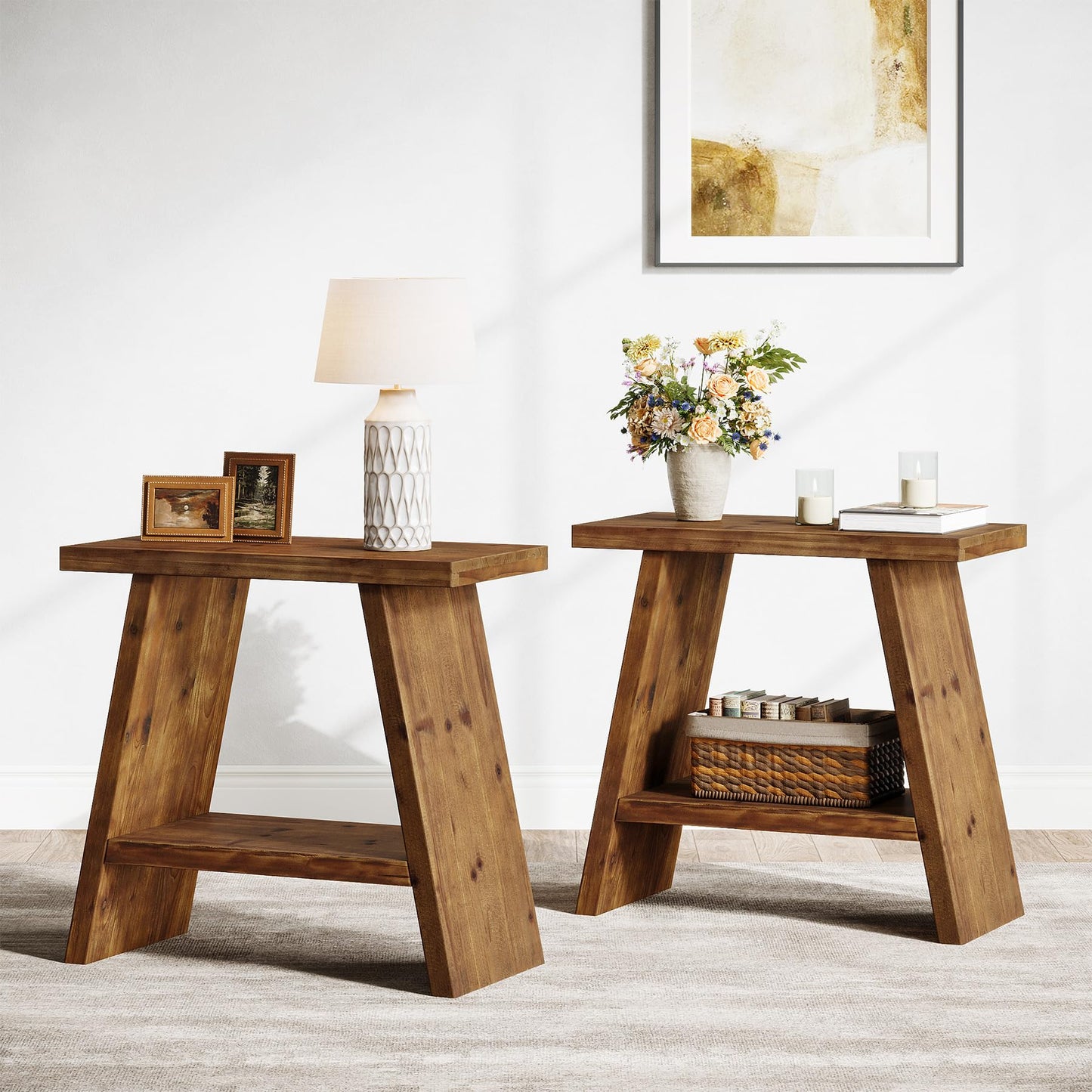 Solid Wood End Table for Living Room, Narrow Small Side Table with 2-Tier Storage, Farmhouse Bedside Nightstand for Bedroom, Small Places, Rustic Brown (1PCS)