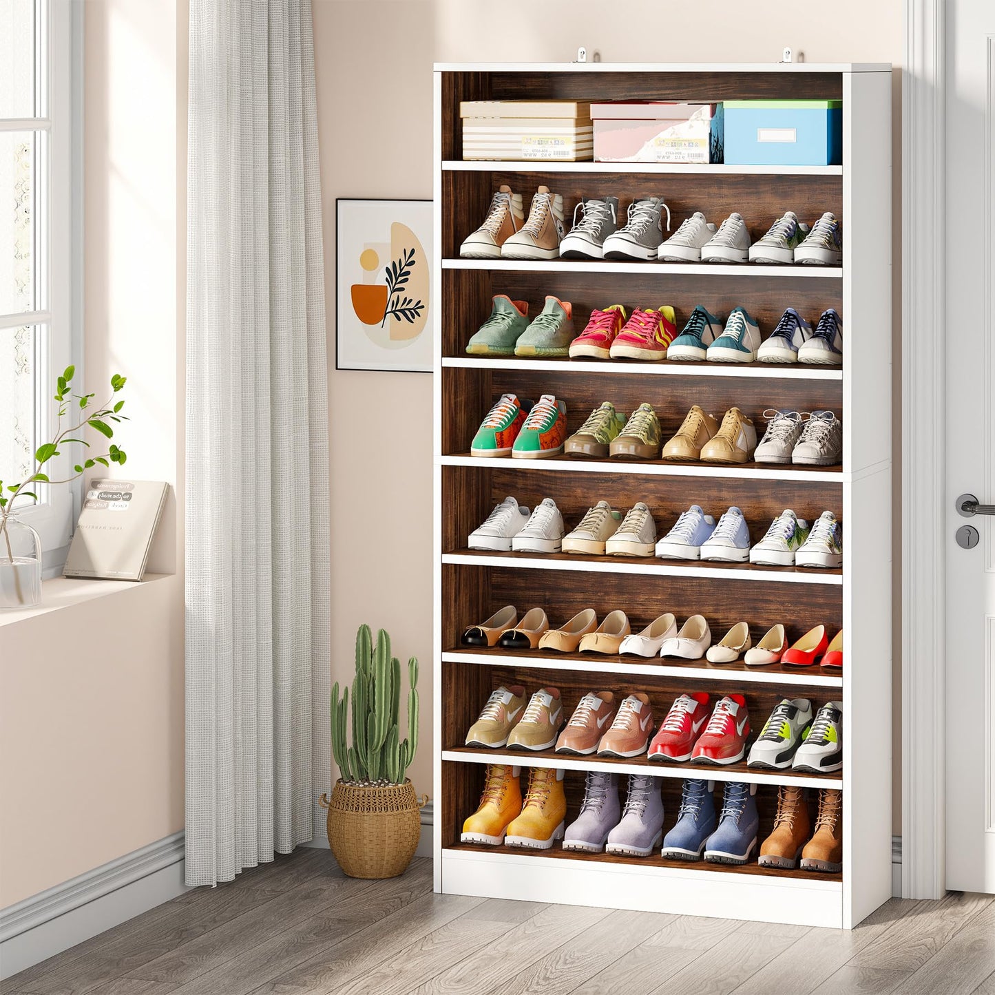 Tribesigns Shoe Cabinet, 9 Tiers 40-45 Pairs Heavy Duty Wood Freestanding Shoe Storage Cabinet, 70.8'' Tall Shoe Cabinet with Open Storage for Entryway, White