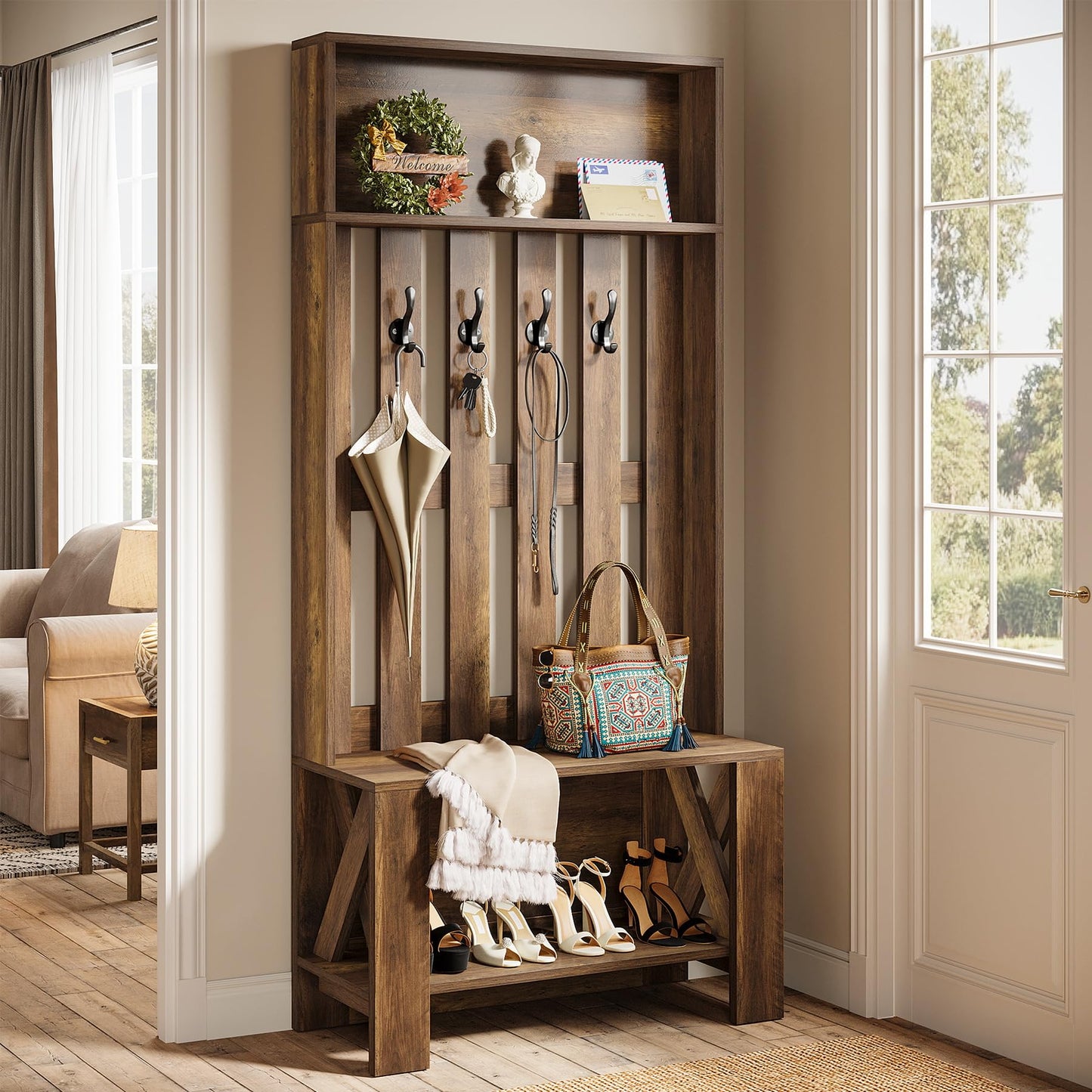 Tribesigns Hall Tree with Bench and Shoe Storage, Farmhouse Entryway Bench with Coat Racks, 70.8" Tall Wooden Hall Tree Organizer with 4 Hooks for Mudroom, Hallway, Bedroom, Space-Saving, Brown