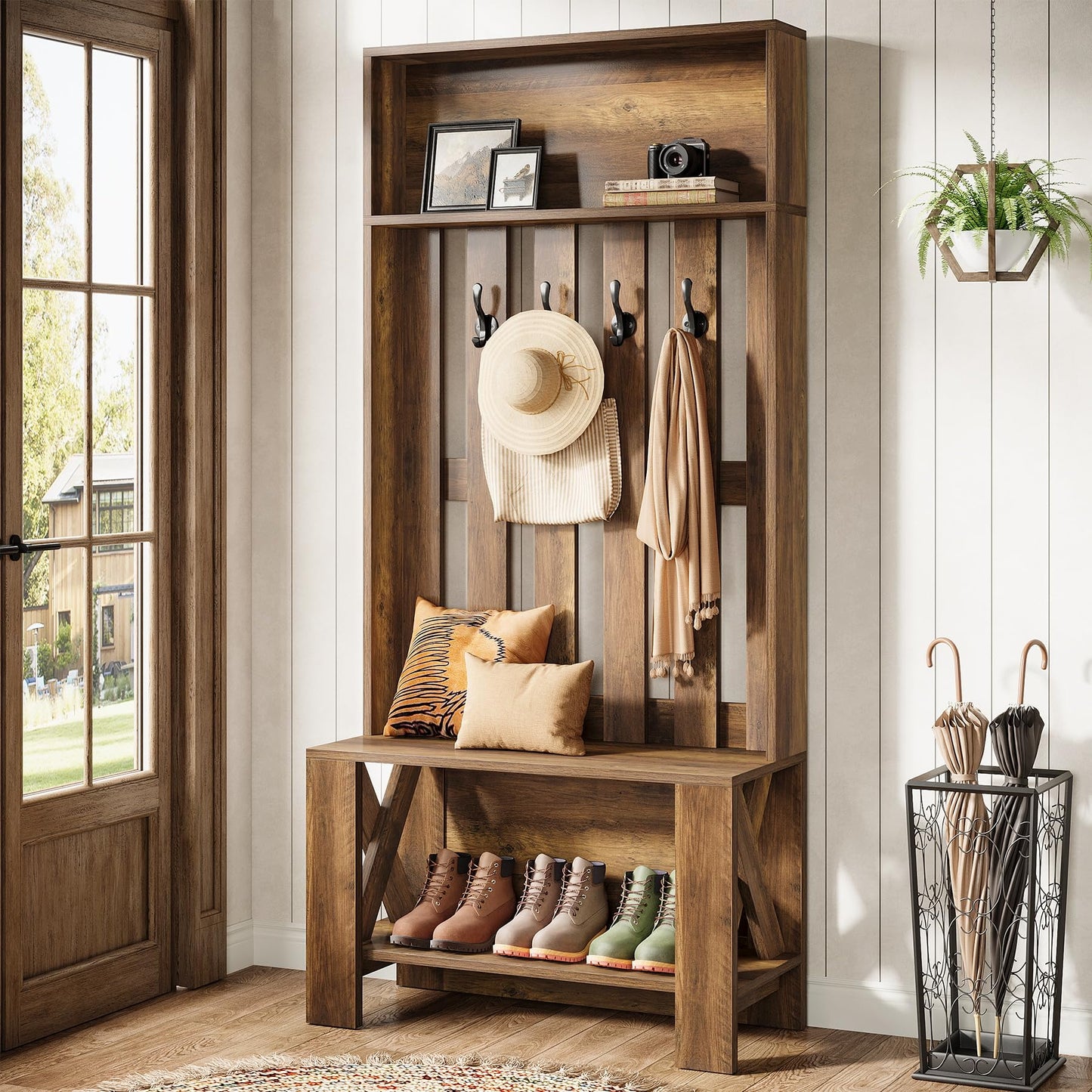 Tribesigns Hall Tree with Bench and Shoe Storage, Farmhouse Entryway Bench with Coat Racks, 70.8" Tall Wooden Hall Tree Organizer with 4 Hooks for Mudroom, Hallway, Bedroom, Space-Saving, Brown