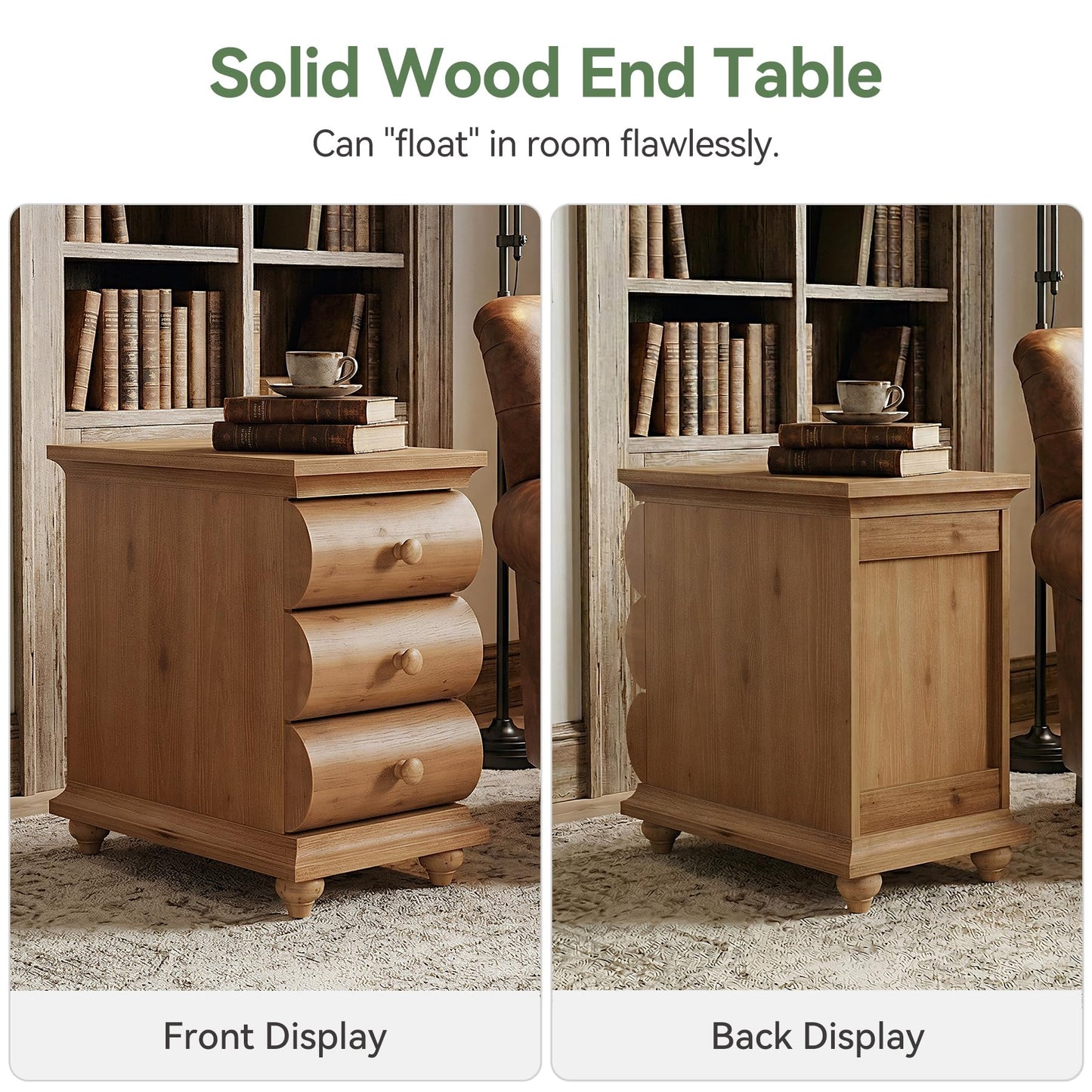 Solid Wood End Table Set of 2, 3 Drawers Narrow Sofa Side Table with Finished Back, Rustic Slim Nightstand Bedside Table for Bedroom, Living Room, Small Spce