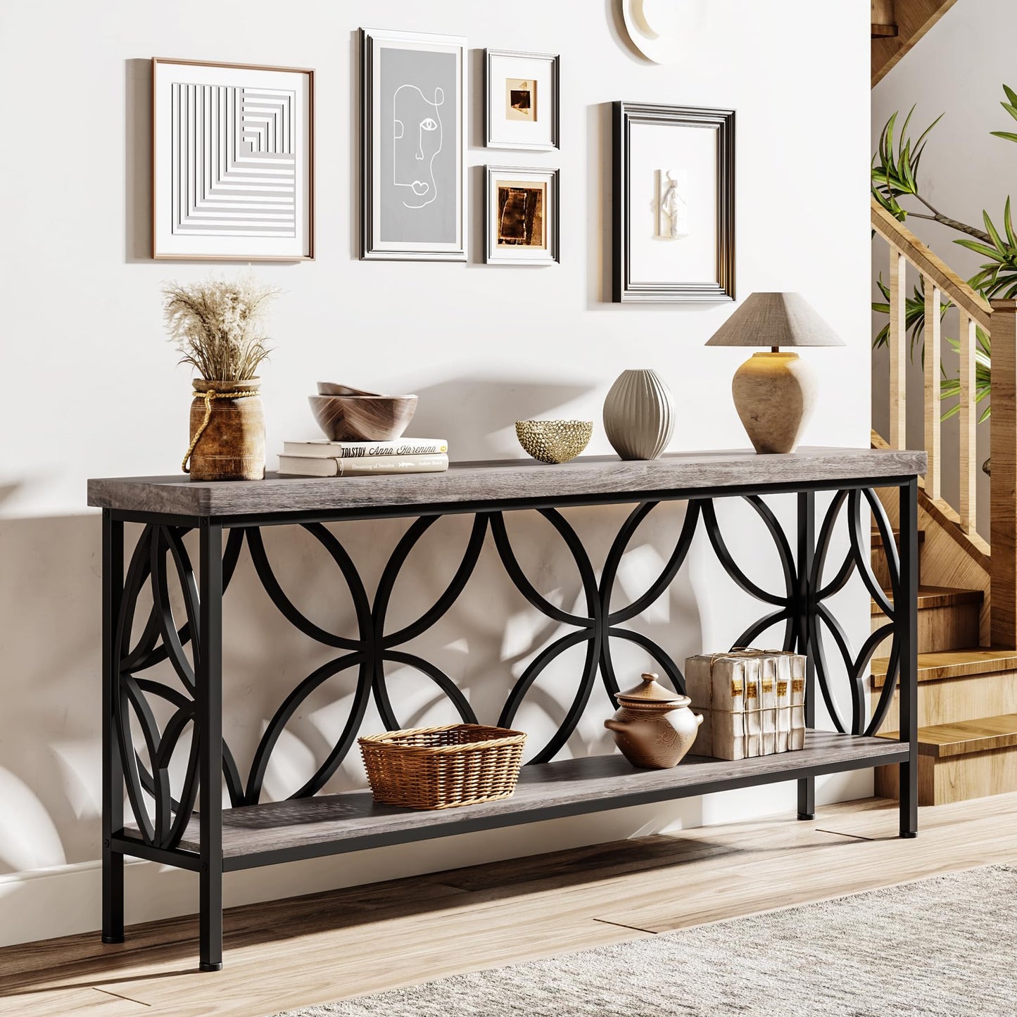 Tribesigns 70.9-Inch Narrow Sofa Table, Industrial Long Sofa Table Behind Couch, Entry Console Table with Storage for Entryway, Living Room, Foyer, Unique Design, Rustic Brown
