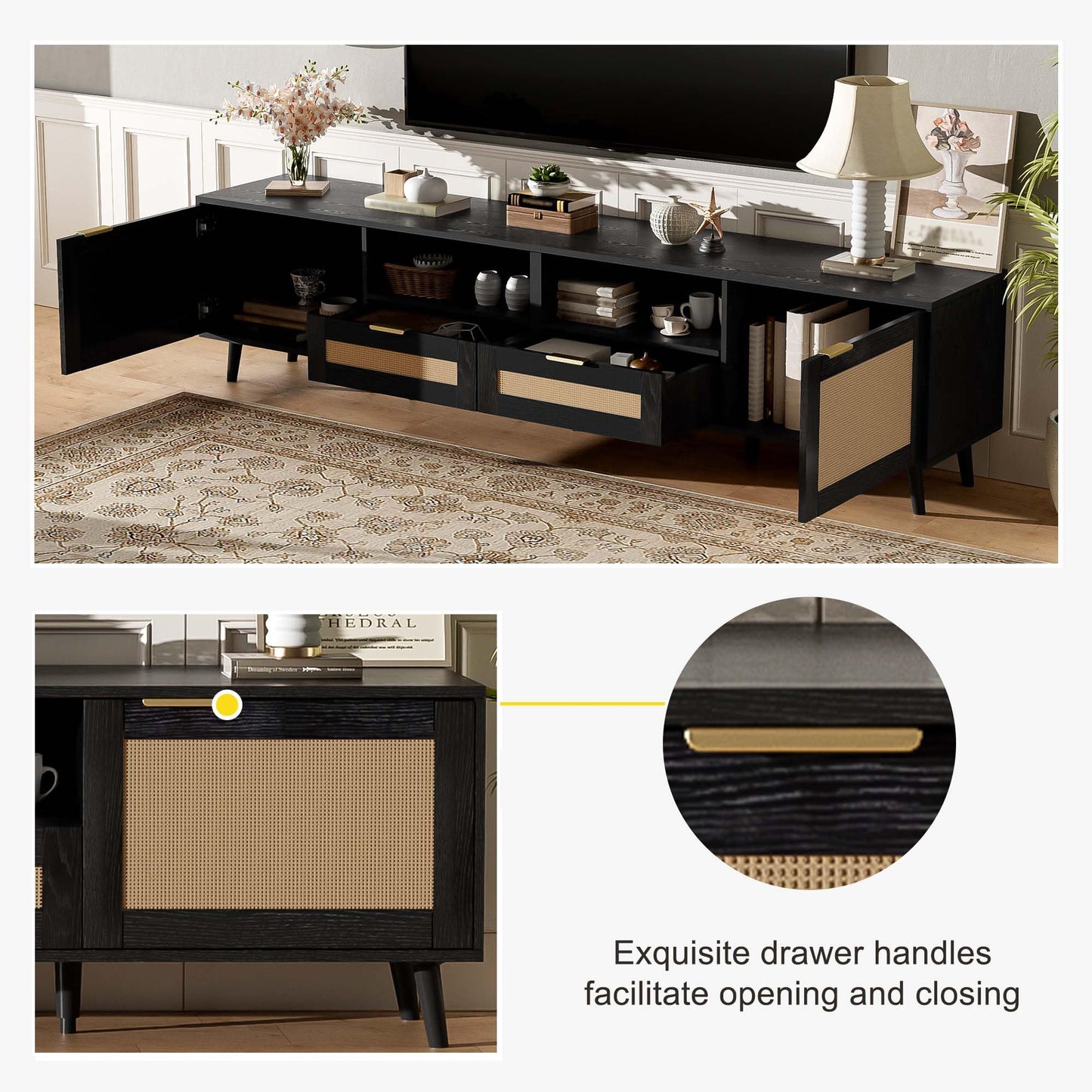 LKTART 67" Mid Century Modern TV Stand for 65/70/75/80" TVs,Entertainment Center with Sliding Doors and Drawers,Media Console for Living Room