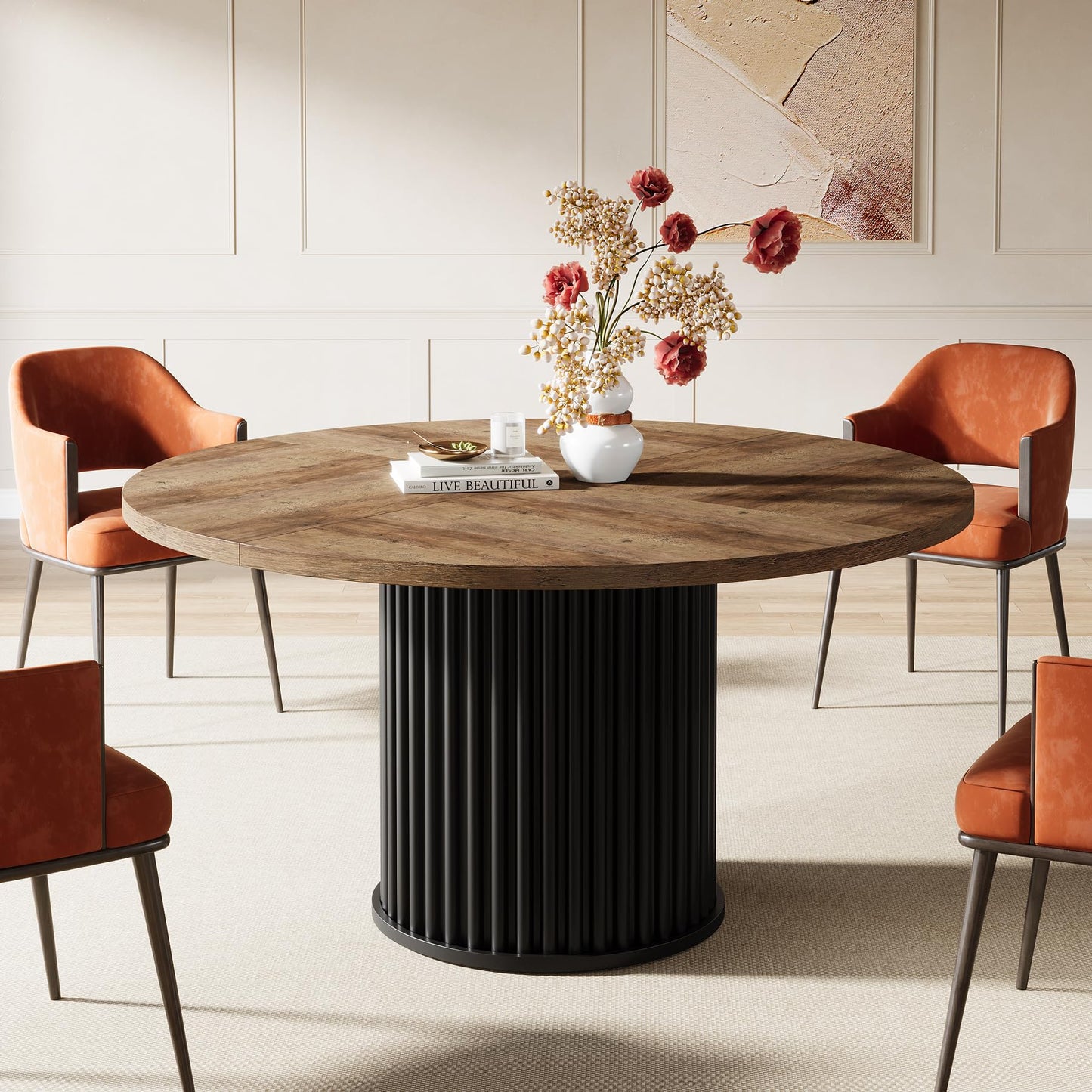 Tribesigns 47.24-Inch Black Round Dining Table for 4-6 People, Modern Fluted MDF + Metal Base Kitchen Table, Sturdy Circle Dining Room Furniture, Black