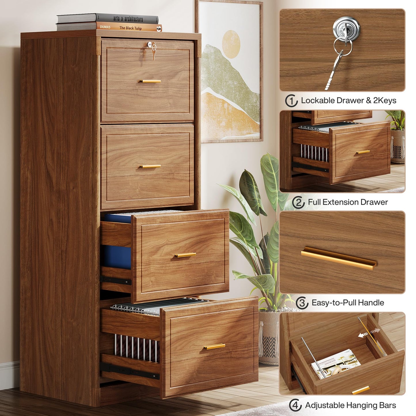 Tribesigns 4-Drawer File Cabinet with Lock, Locked File Cabinet with Key, Tall Wooden Filing Cabinets for Home Office, Vertical Office Storage for Legal Size/Letter/A4/Files, Brown