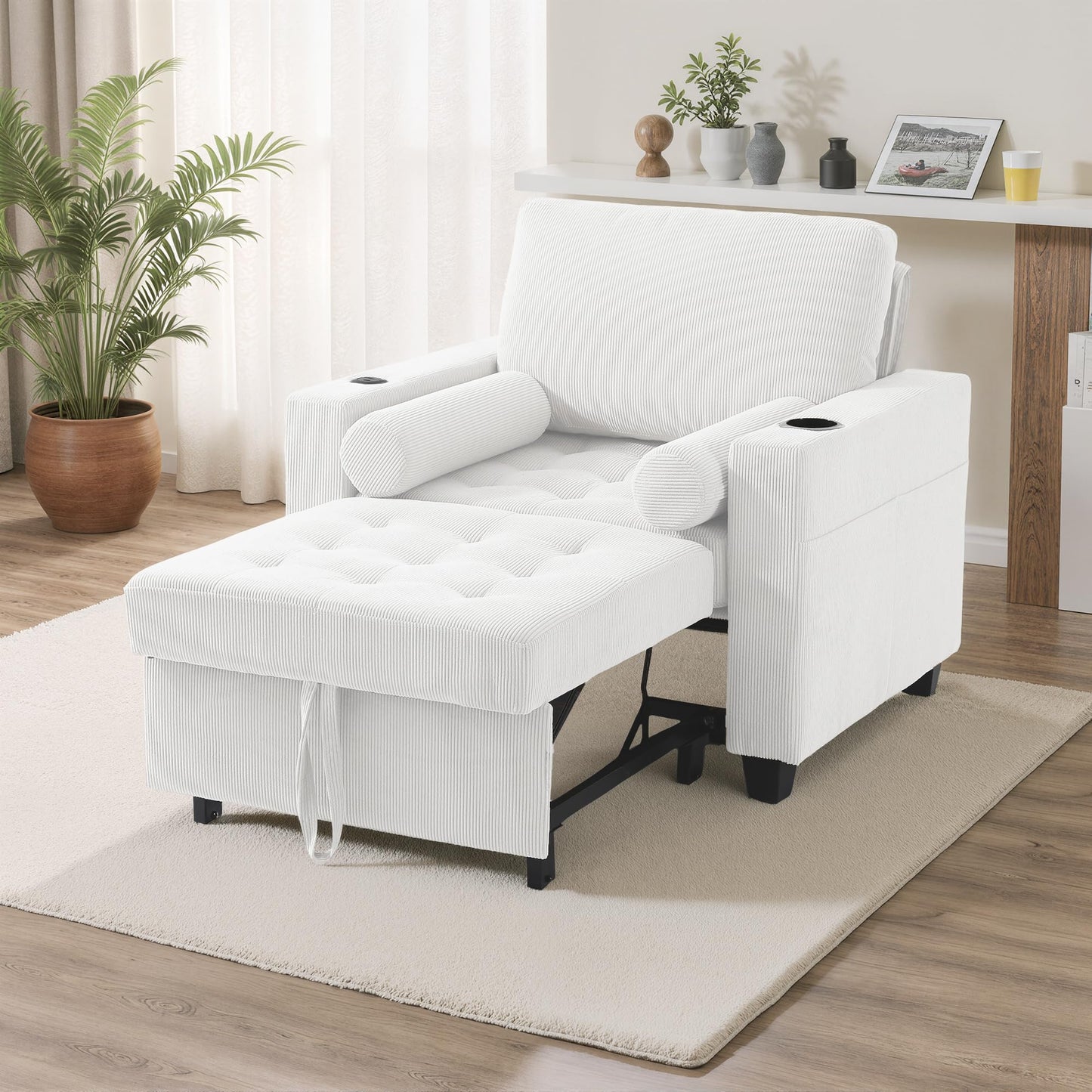 Sleeper Sofa Chair Bed, 3-in-1 Convertible Sleeper Chair with Pull Out Bed, Comfy Corduroy Sofa Bed Couch with Reclining Adjustable Backrest, USB Ports, Cup Holder, Side Pocket (Gray, 38.8")
