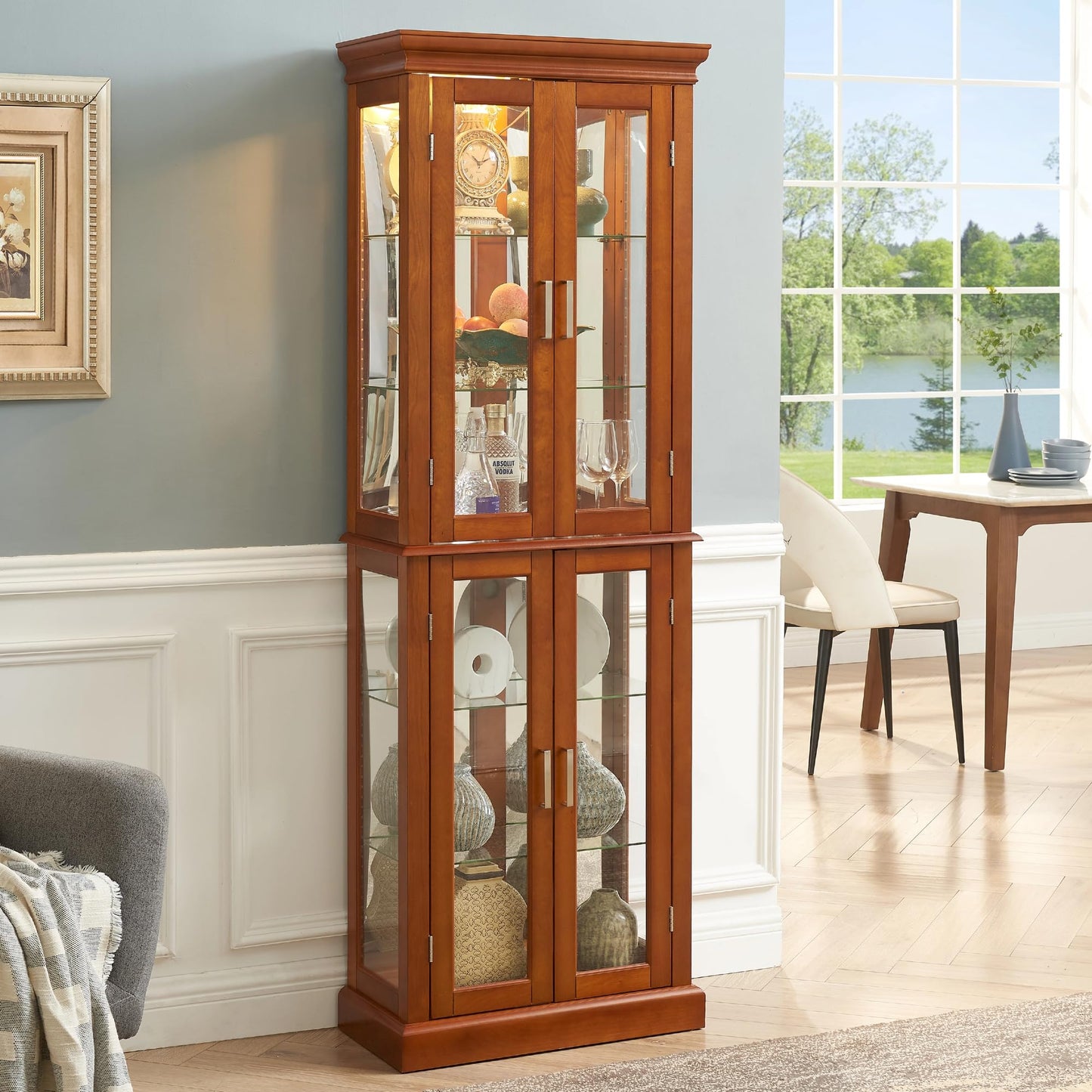 LKTART Curio Glass Display Cabinet with Lighted and Mirrored Back Panel,China Cabinets with Glass Doors,Tall Storage Cabinets with Adjustable Shelves for Curio Collectibles Storage(Cherry)