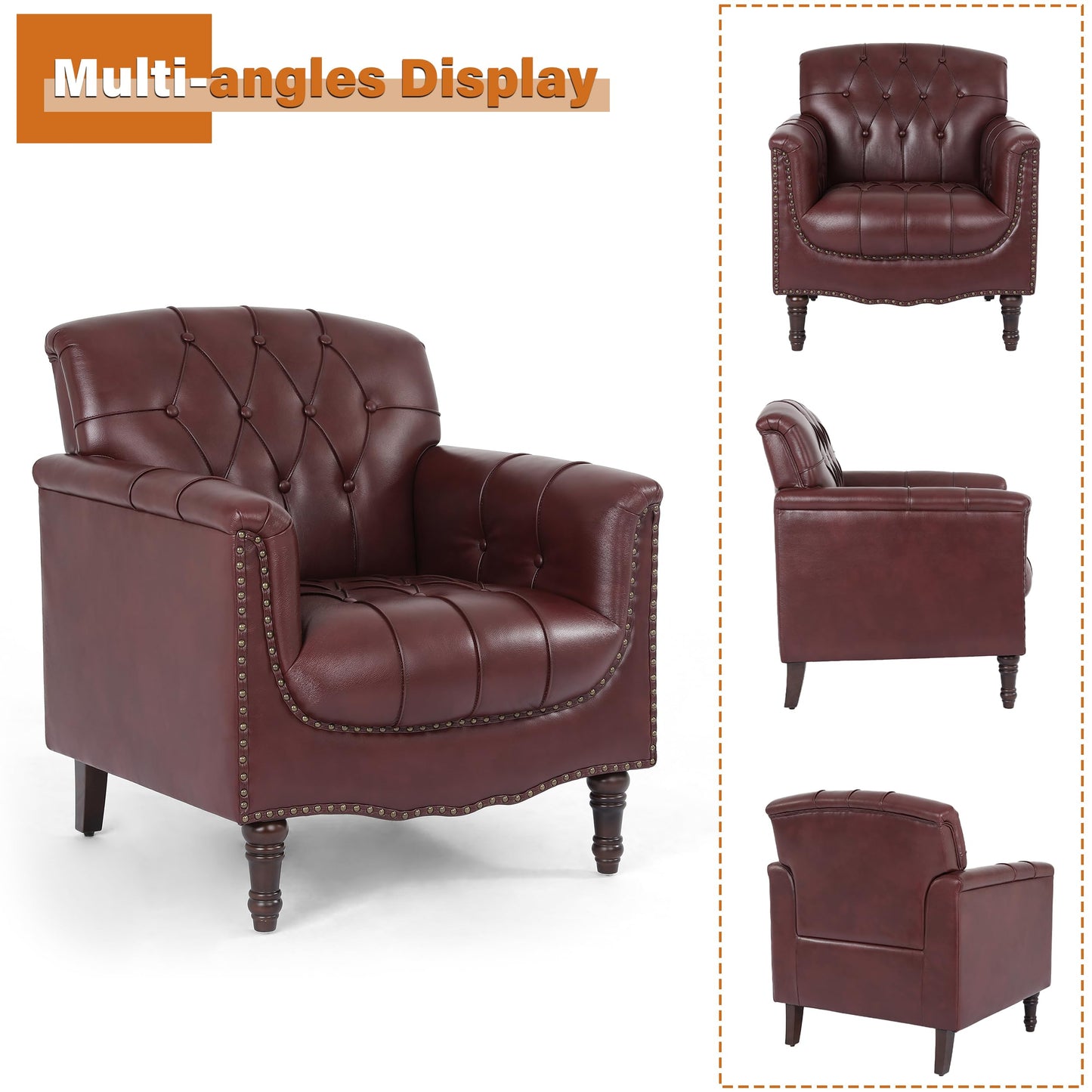 Faux Leather Club Chair, Retro Upholstered Armchair Accent Chair with Solid Wood Legs & Nailhead Trim for Living Room, Bedroom, Reading Room, Camel