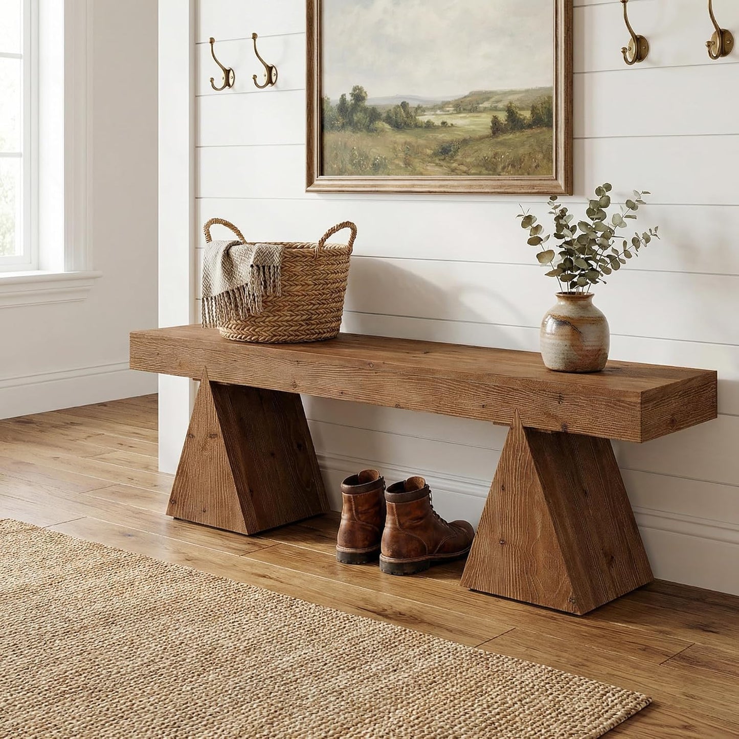Solid Wood Bench-63 Rustic Indoor End of Bed Bench, Farmhouse Entryway Benches with Triangle Base for Bedroom, Hallway, Kitchen (Rustic Brown)