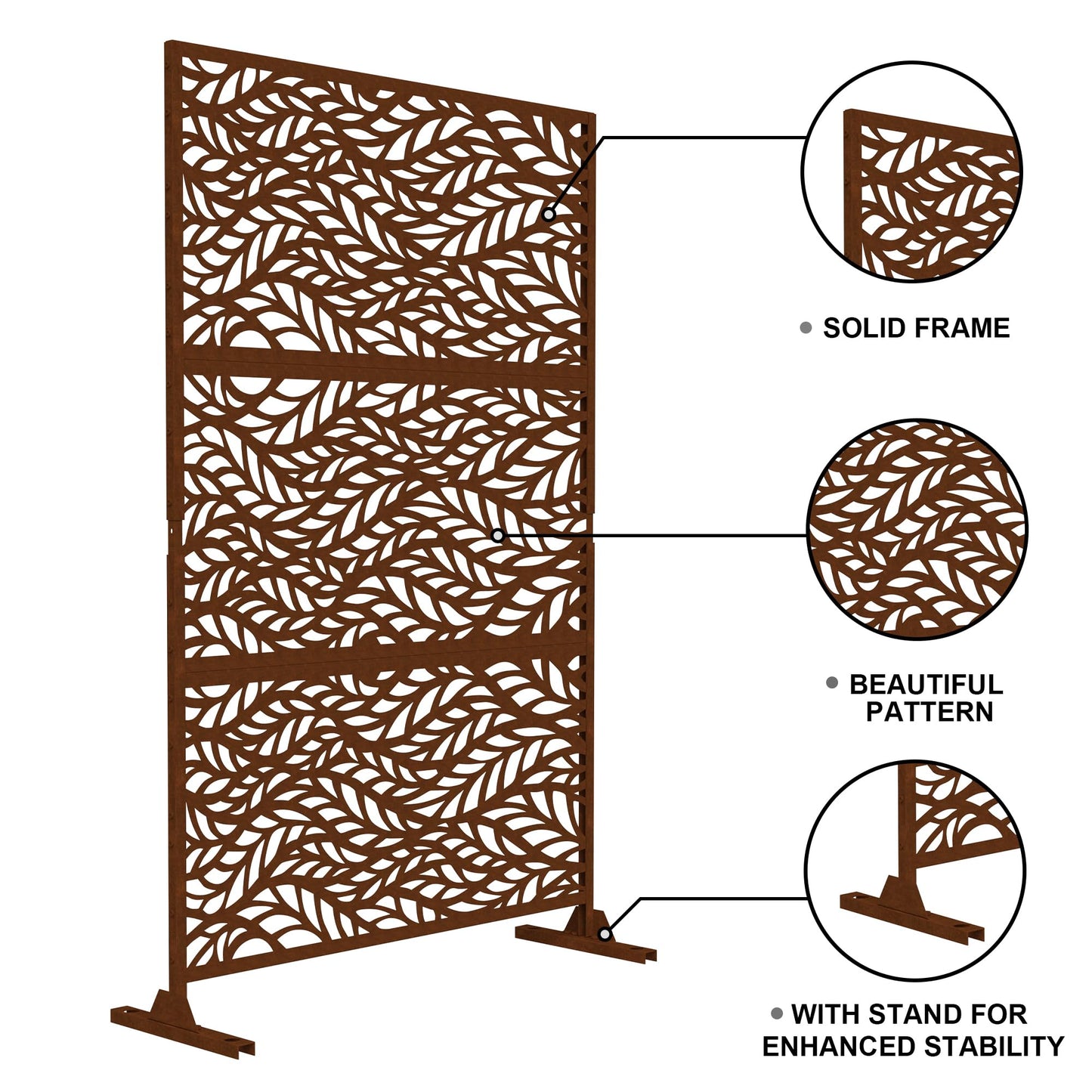 Outdoor Metal Privacy Screen with Stand, 72" H x 47" W Freestanding Outdoor Patio Divider, Decorative Patio Privacy Fence Panel for Garden Backyard Balcony Porch (Brown-Crossbanding)