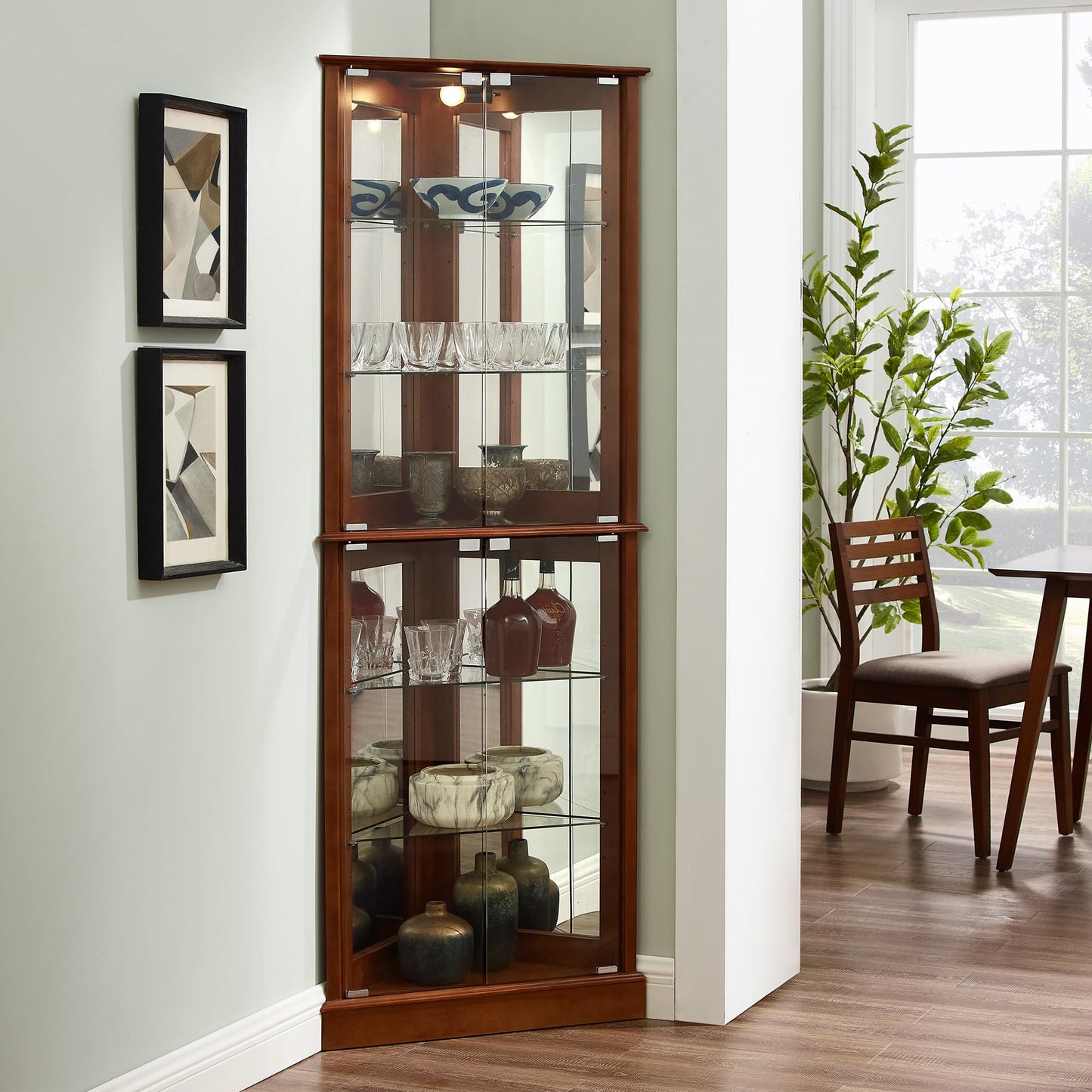 LKTART Corner Storage Cabinet,Glass Display Cabinet with Lights,Corner Curio Cabinet with Tempered Glass Doors and Shelves(70.5" T x15.4 D x 21.7" W Walnut)