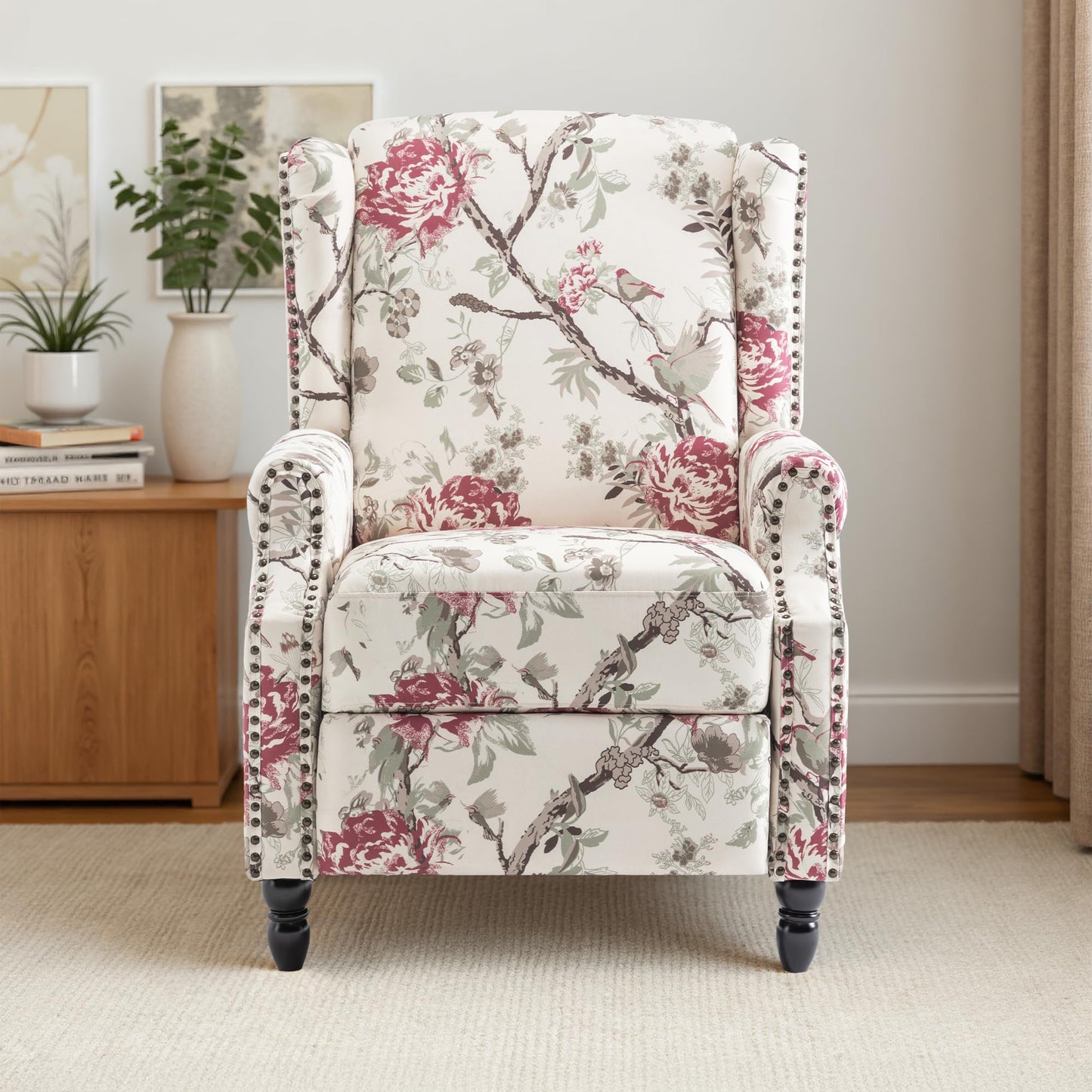 Pushback Recliner Chair, Printed Fabric Wingback Recliner Chair for Living Room, Upholstered Armchair Push Back Recliner with Wood Legs, Rivet Trim Wingback Accent Chair for Bedroom, Navy