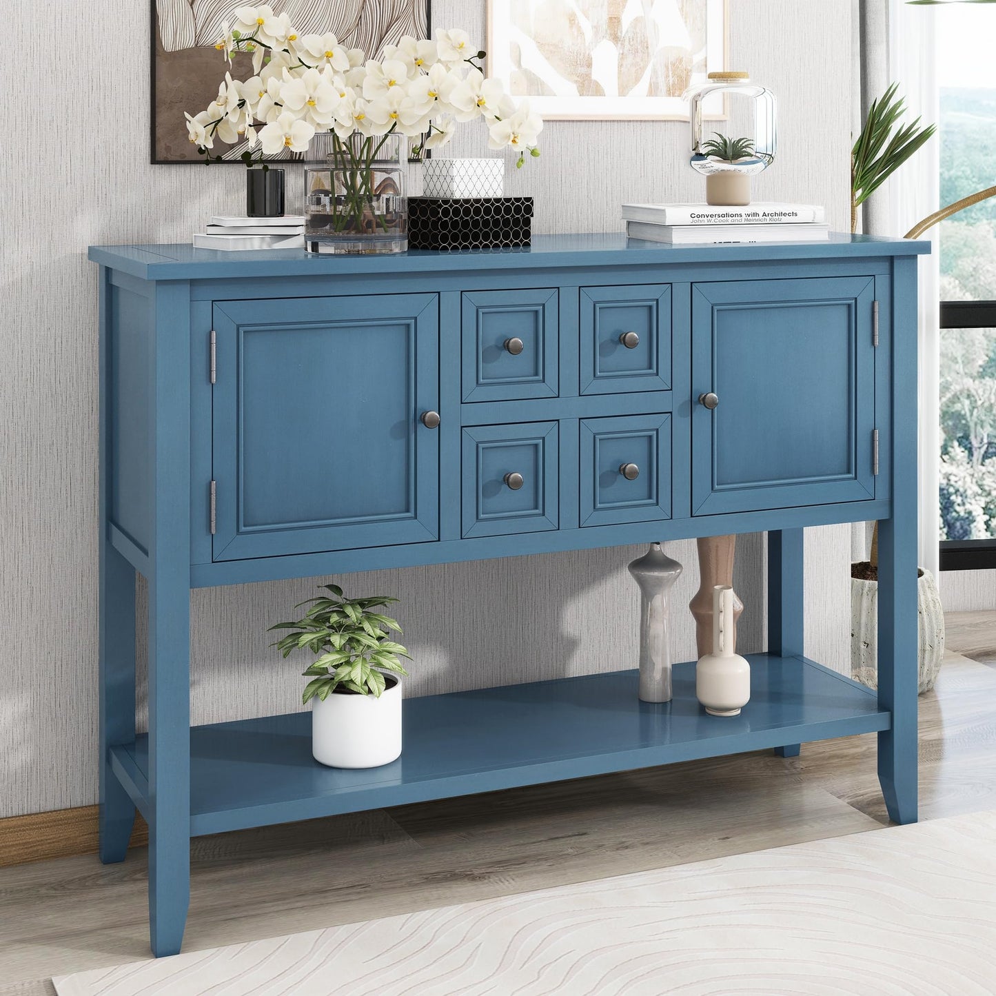 LKTART Farmhouse Sideboard Buffet Cabinet,Solid Wood Sideboard with Storage Drawers and Bottom Shelf,Coffee Bar for Entryway Hallway Foyer,Easy Assembled (46.5" Brown