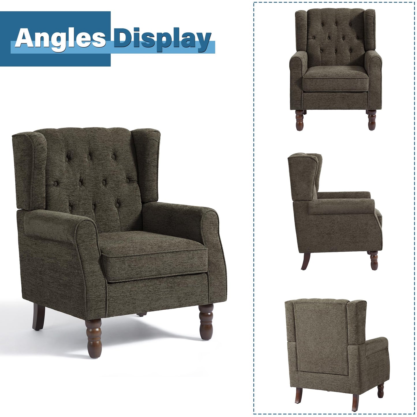 Faux Leather Wingback Chairs Set of 2, High Back Accent Chair for Living Room, Button-Tufted Upholstered Armchair with Solid Wood Legs, Comfy Reading Chair for Bedroom, Brown