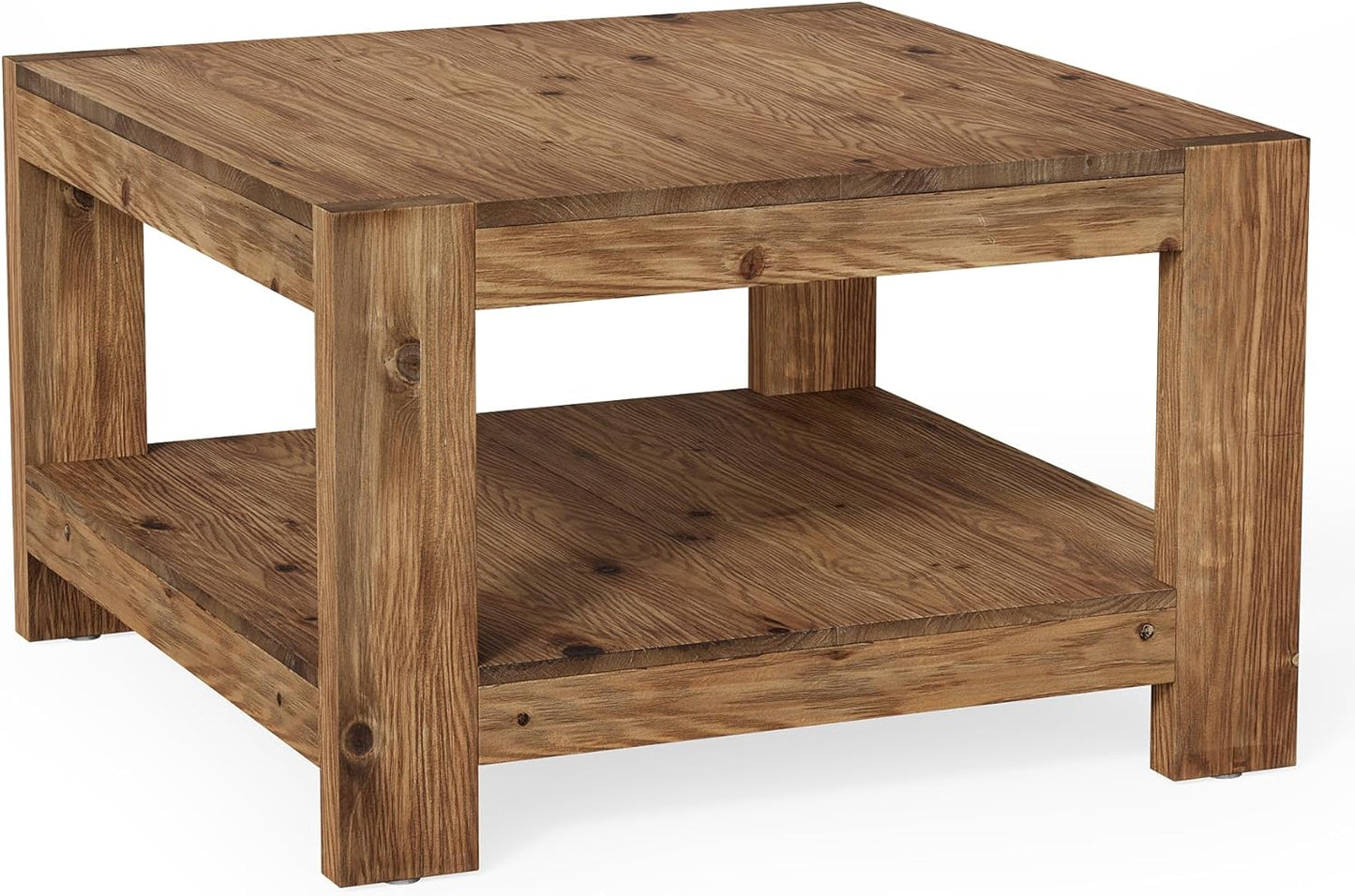 Solid Wood Coffee Table, 31.5" Square Farmhouse Center Table with Storage Shelf for Living Room, 2-Tier Cocktail Accent Tea Furniture for Small Space, Office, Rustic Brown