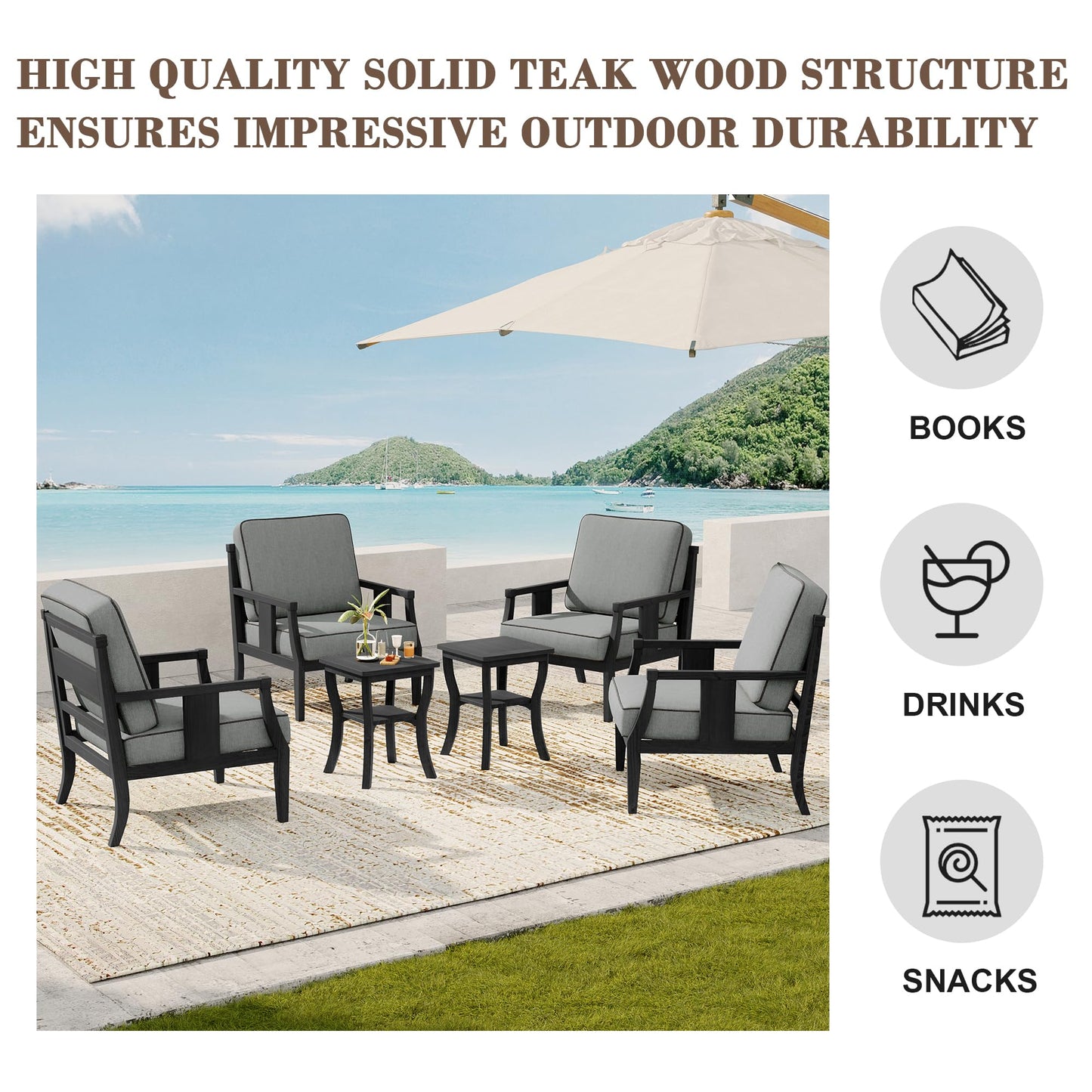 Outdoor Patio Armchairs Set of 2, All-Weather Solid Wood Patio Furniture Sets, Outdoor Sofa Chairs with Washable Thick Cushions for Porch, Balcony, Deck, Black Frame & Gray Cushion