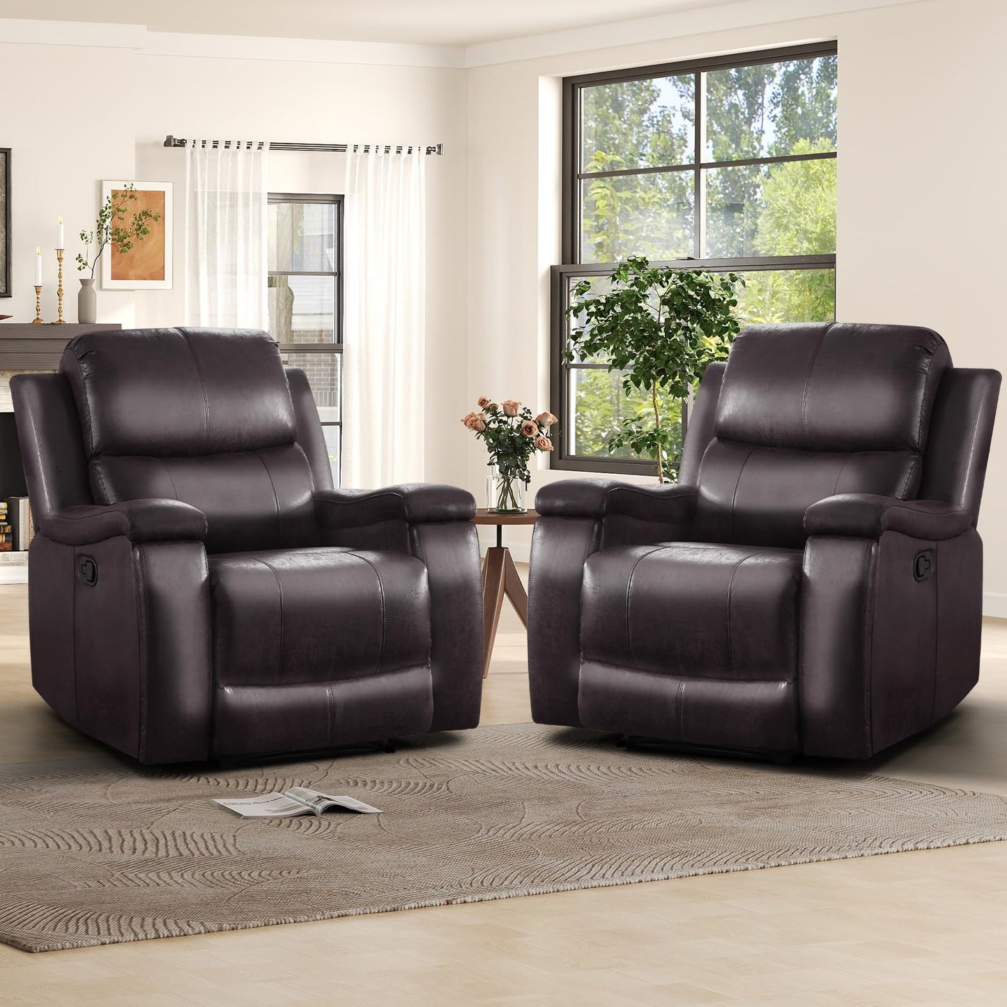 IOMOR Leather Recliner Chair, Manual Recliner Chair for Adults with Overstuffed Arms and Back, Single Sofa Recliner with Cup Holders for Living Room (1, Brown)