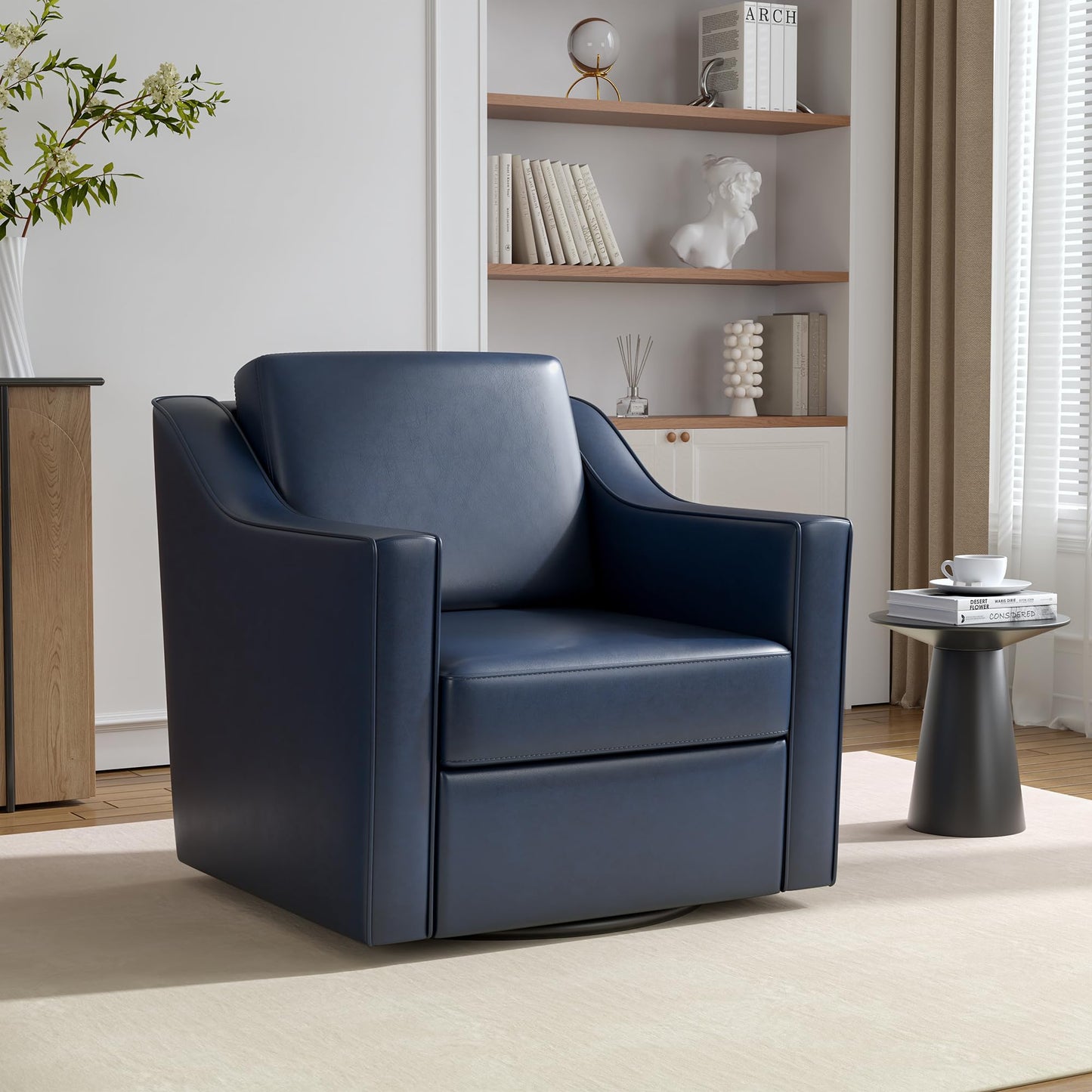 Swivel Accent Chairs Set of 2, 360° Swivel Upholstered Faux Leather Club Armchairs for Living Room, Comfy Single Sofa Reading Chair with Deep Seat, Metal Swivel Base, Coffee