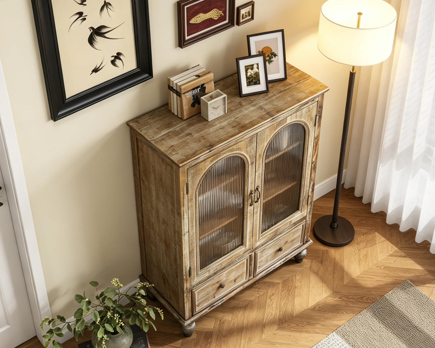 LKTART 60" Farmhouse Sideboard Buffet,Solid Fir Wood Frame with Hollowed-Out Carved Doors,Hand-Distressed Design,Versatile Storage Cabinet for Kitchen, Living Room,Natural Wood