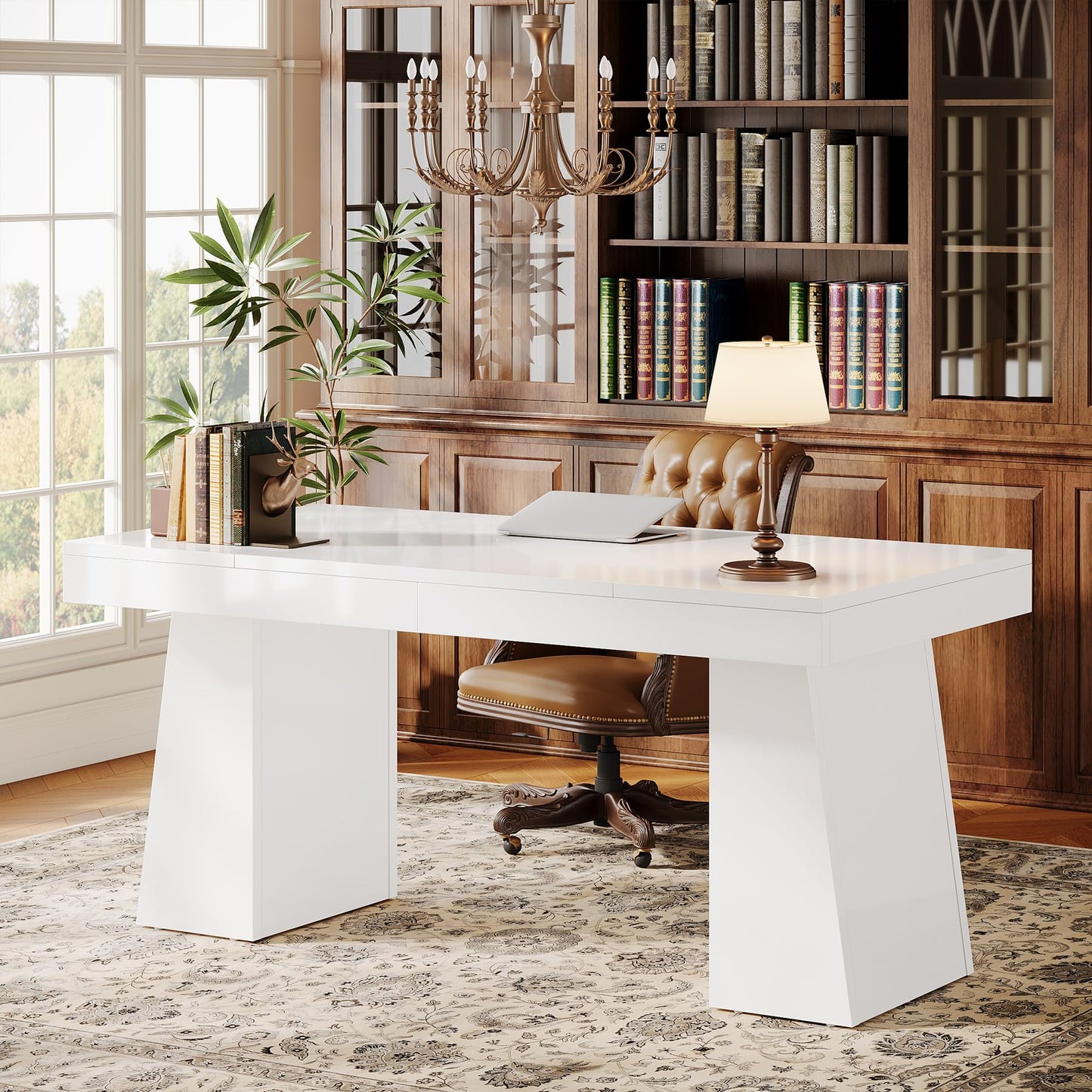 Tribesigns 55" Executive Desk, Wooden Office Desk with Double Pedestal, Modern Simple Computer Writing Table for Home Office, Light Brown
