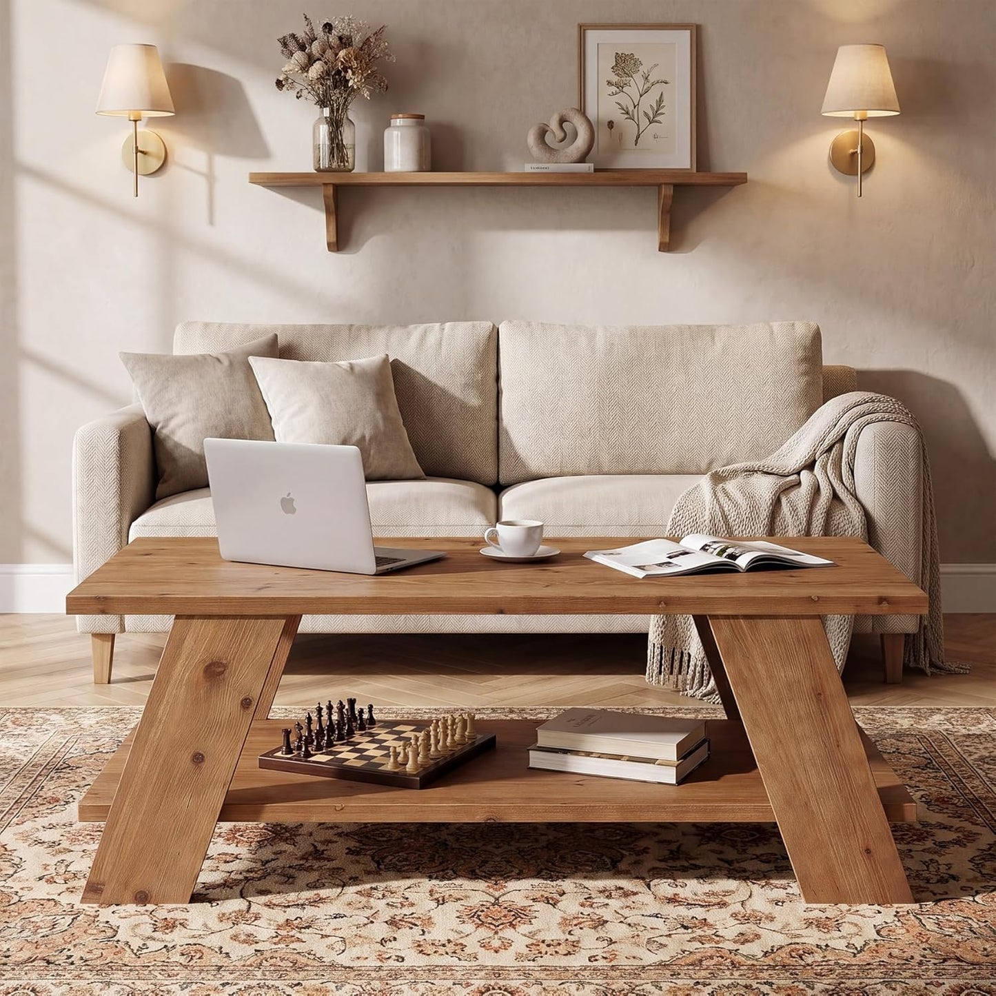 47-Inch Solid Wood Coffee Table for Living Room, 2-Tier Rectangle Center Table with Storage Shelf, Farmhouse Rustic Living Room Furniture, Brown