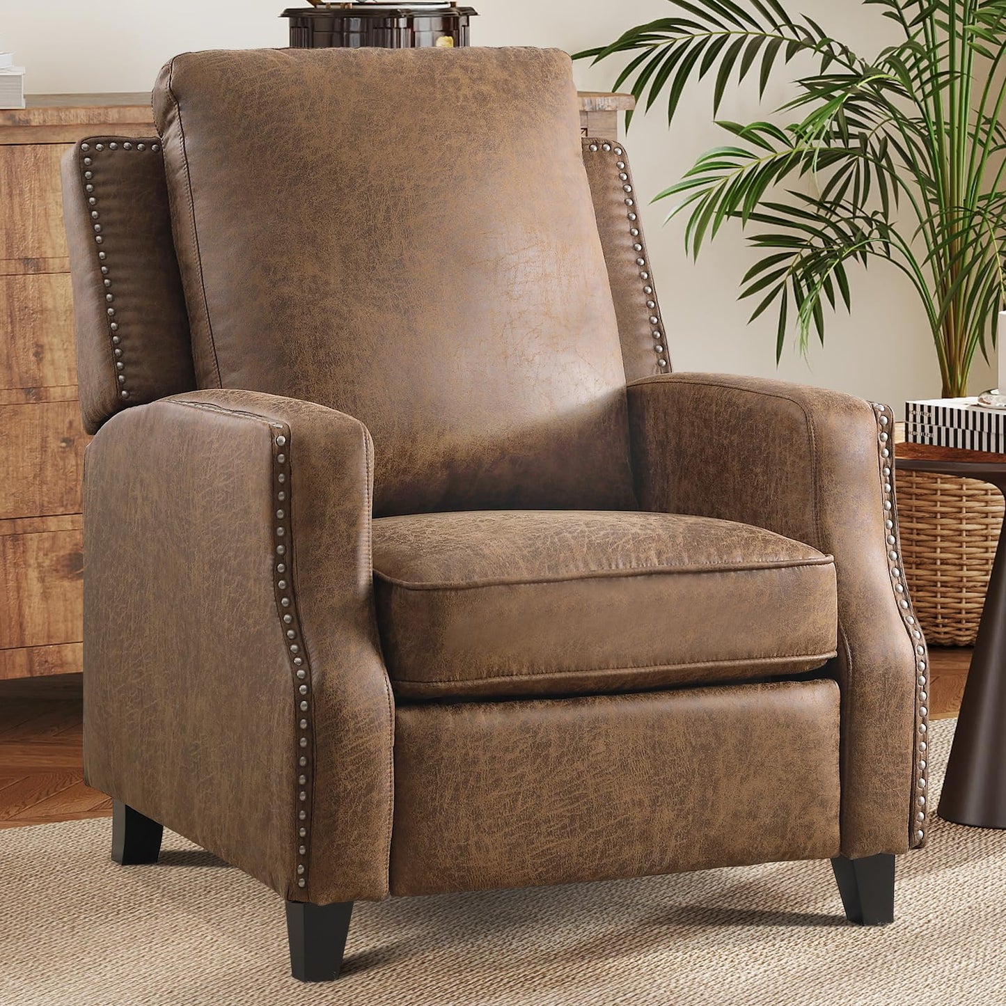 IOMOR Push Back Recliner Chair Faux Leather Lounge Armchair with Rivet Decoration Wingback Single Sofa Chair with Padded Seat Solid Wood Legs for Living Room, Comfy Upholstered, Red Brown