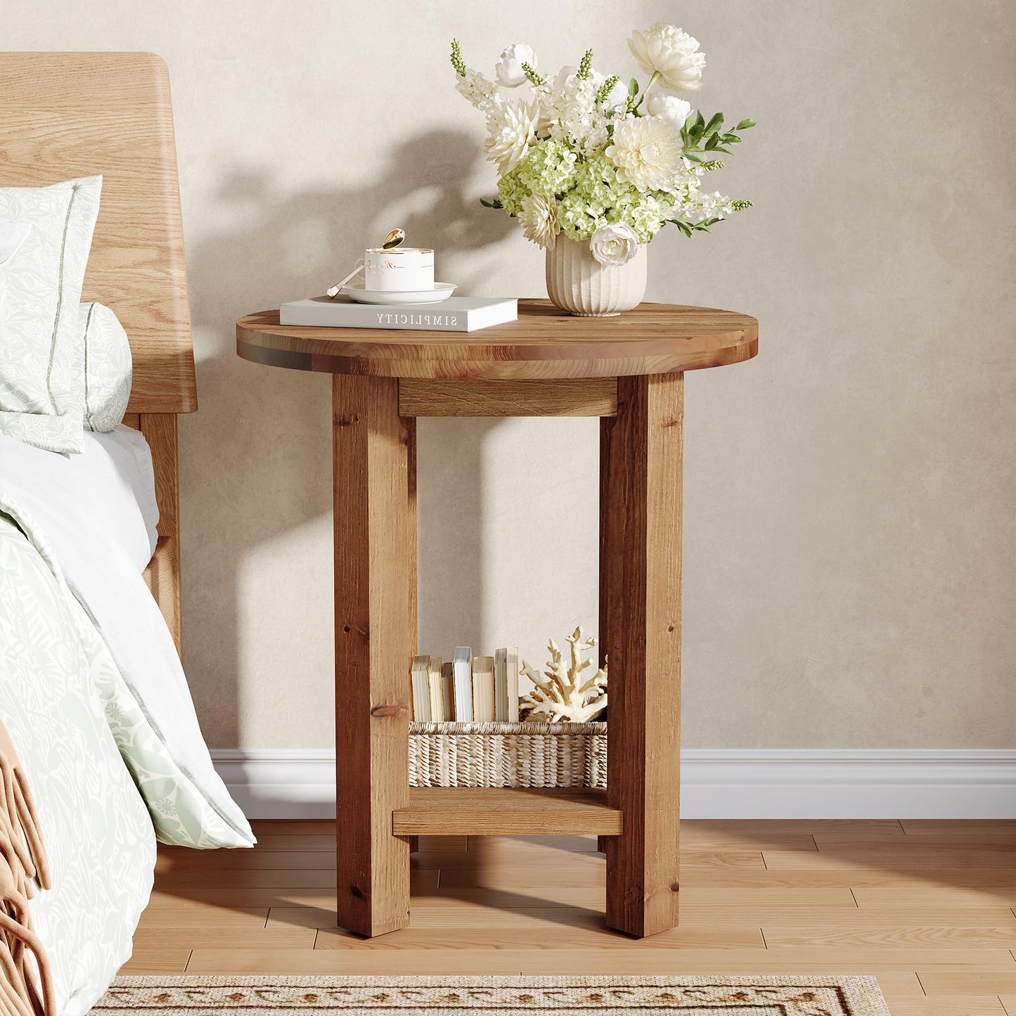 Round Solid Wood Nightstand, 2-Tier Bedside Table with Storage Shelf, Small Farmhouse End Table for Bedroom, Brown (1)