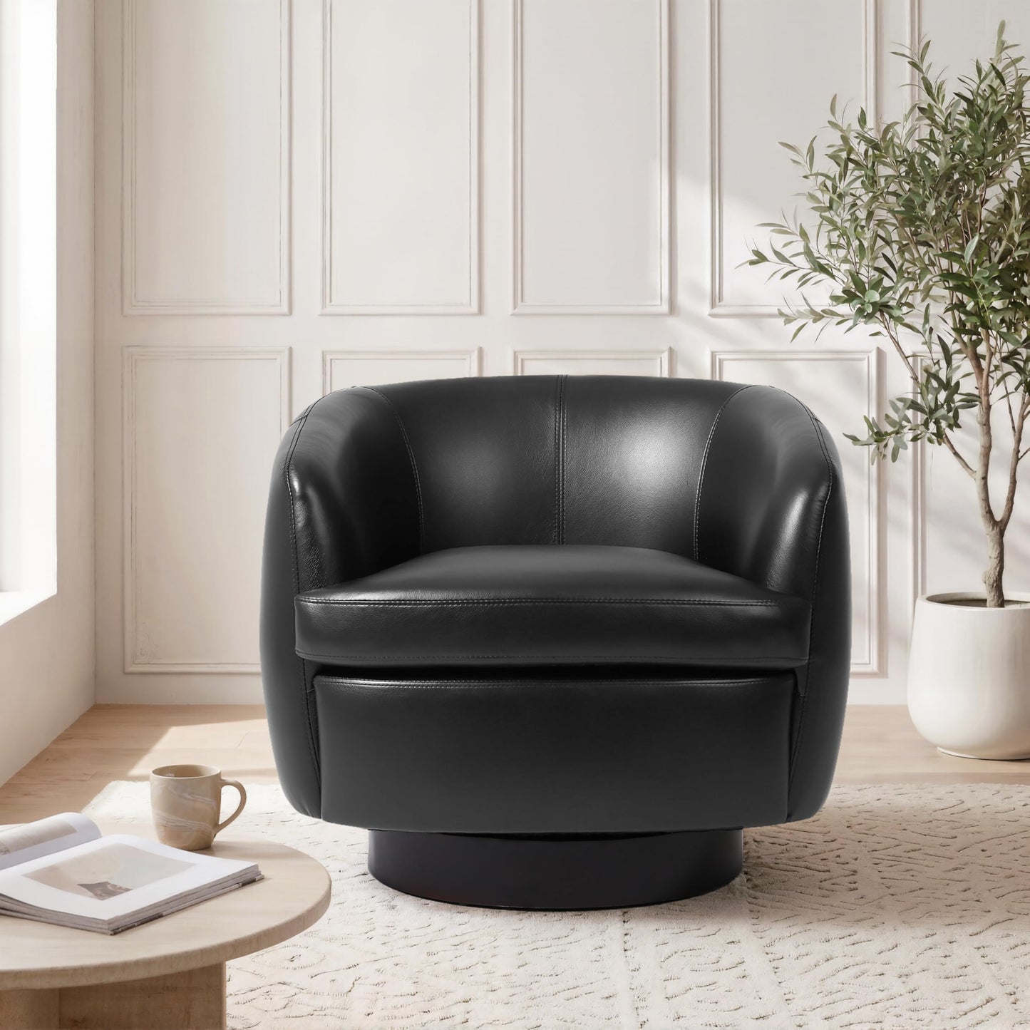 Faux Leather Swivel Barrel Chair, Modern Round Swivel Accent Chair with 360° Rotation, Upholstered Armchair Club Chair for Living Room Bedroom Office (Light Brown)