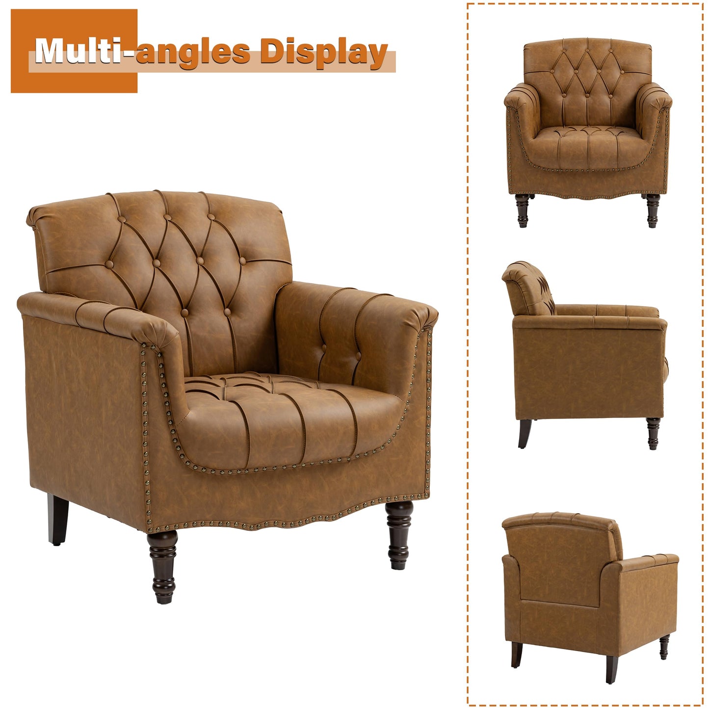 Faux Leather Club Chair, Retro Upholstered Armchair Accent Chair with Solid Wood Legs & Nailhead Trim for Living Room, Bedroom, Reading Room, Camel