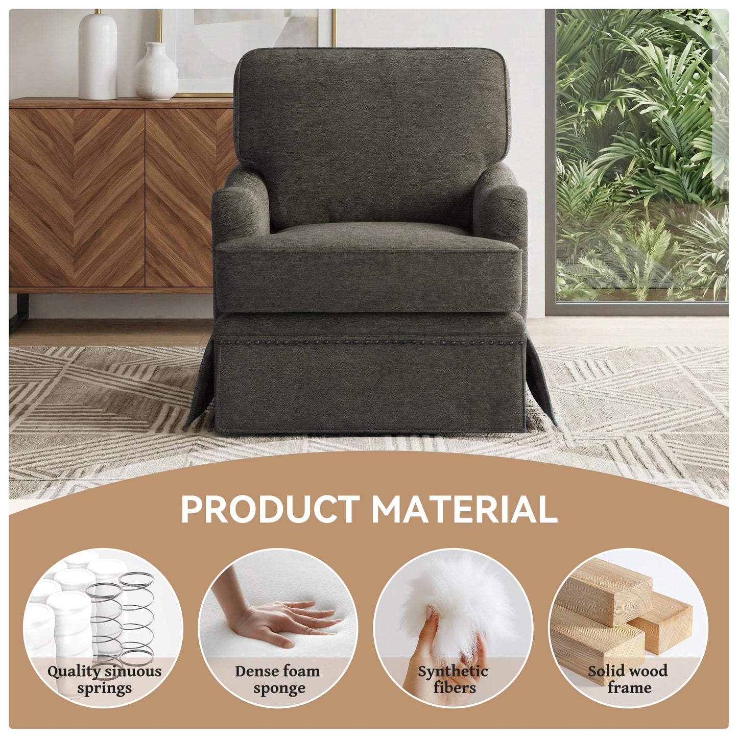 Swivel Accent Chair, 360° Swivel Upholstered Armchairs with Curved Arms, Comfy Chenille Fabric Lounge Reading Chairs for Living Room Bedroom Study, Metal Swivel Base, Tan
