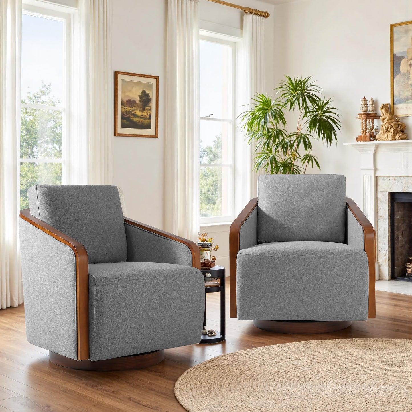 360° Swivel Barrel Chairs Set of 2, Upholstered Swivel Round Barrel Chair, Comfy Chenille Fabric Single Club Armchair Accent Chair for Living Room, Reading Room, Bedroom, Beige Brown
