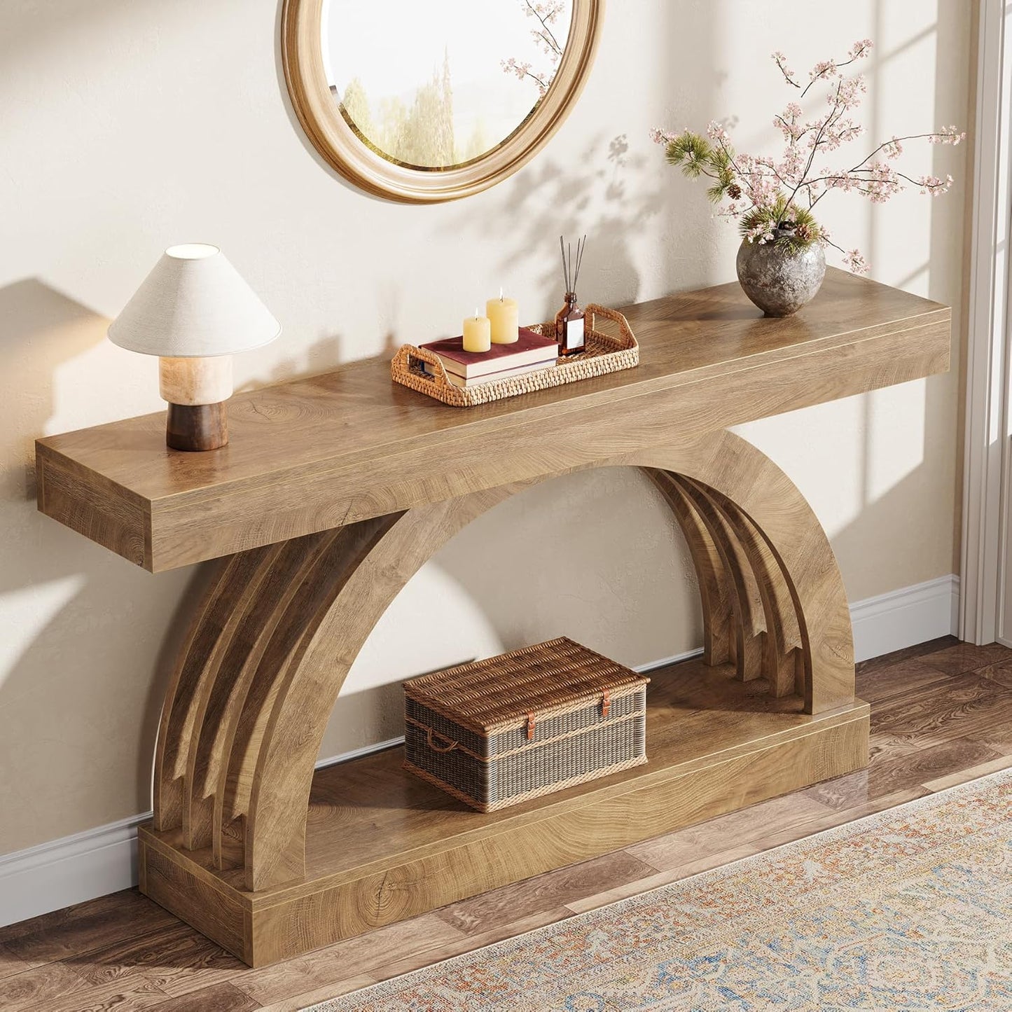 Tribesigns 63-Inch Entryway Table, 2-Tier Sofa Table Behind the Couch, Farmhouse Narrow Unique Arched Console for Hallway, Living Room, Foyer
