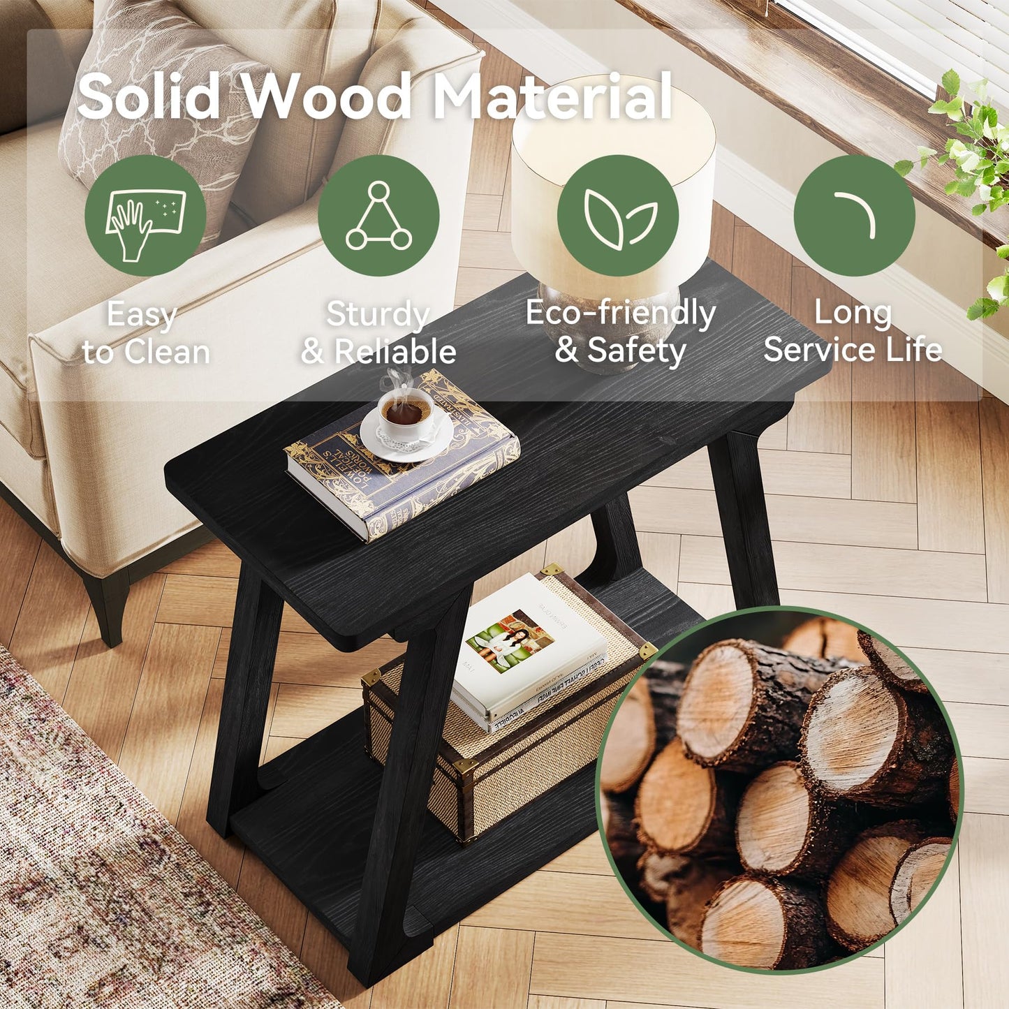 2-Tier Solid Wood End Table, Narrow Side Table, Rectangle Farmhouse Nightstand for Living Room, Bedroom, Easy Assembly, Trapezoidal Base (1, Natural Brown)
