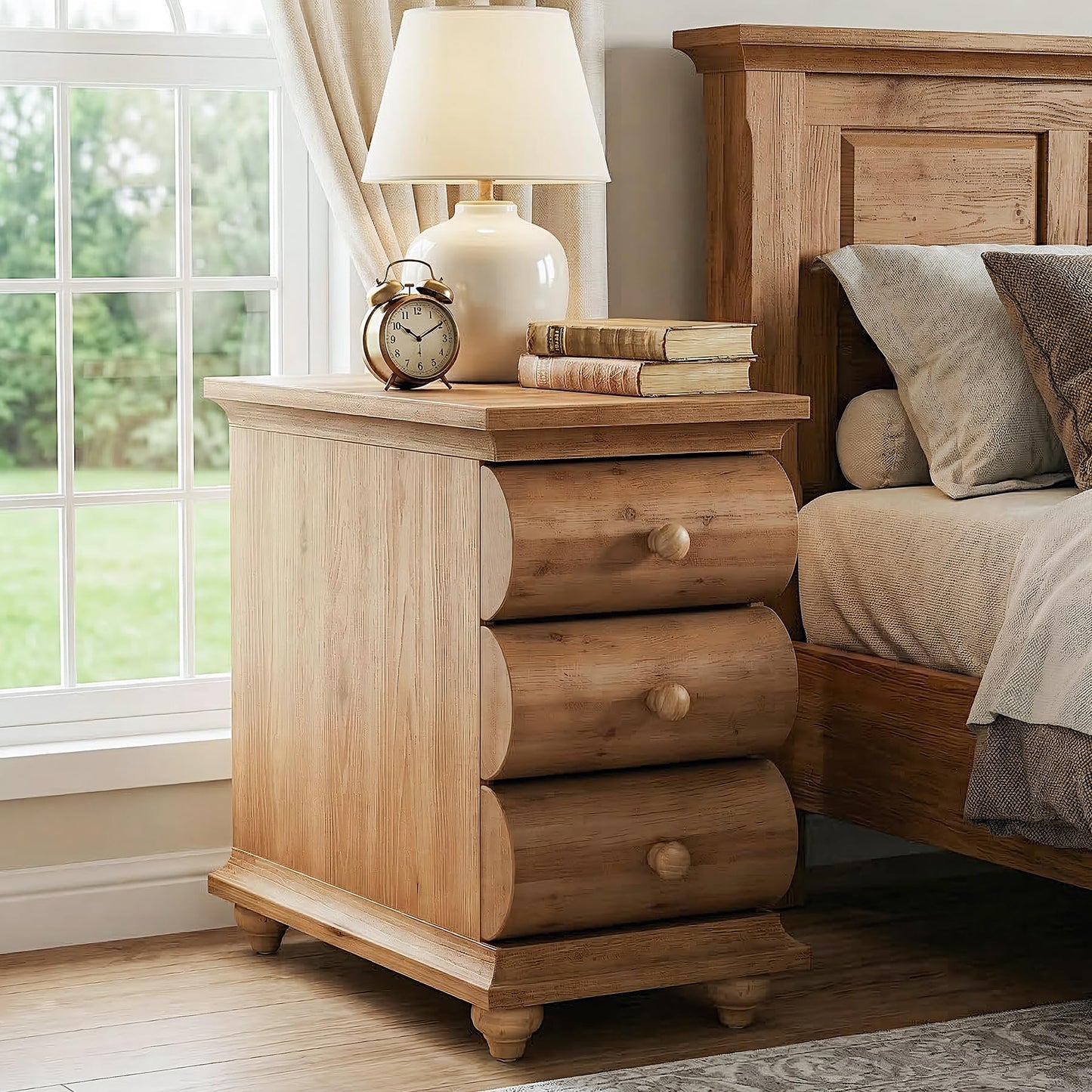 Solid Wood End Table Set of 2, 3 Drawers Narrow Sofa Side Table with Finished Back, Rustic Slim Nightstand Bedside Table for Bedroom, Living Room, Small Spce