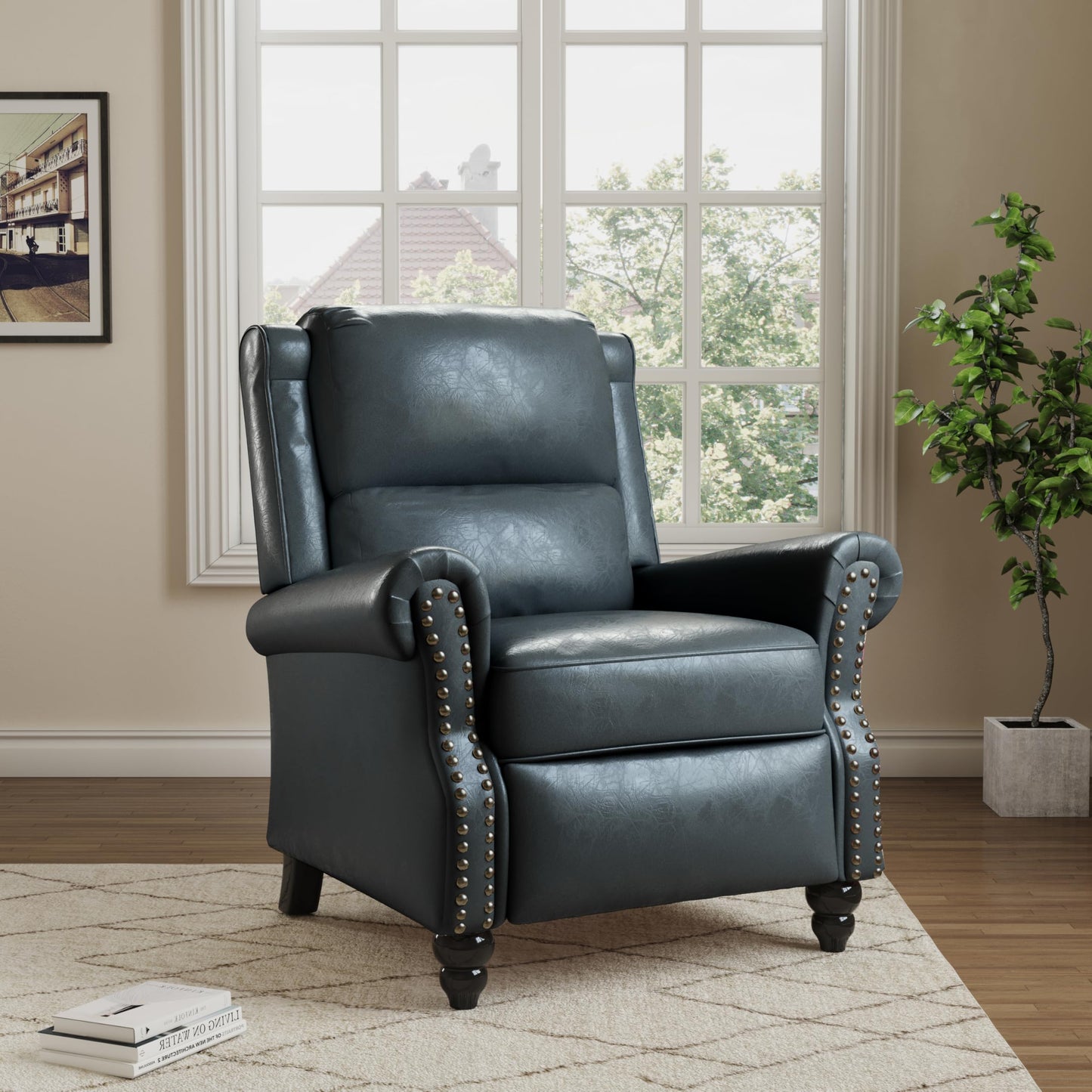 Pushback Recliner Chairs Set of 2, Comfy Fabric Wingback Recliner Chair, Upholstered Armchair Push Back Recliner with Wood Legs, Rivet Trim Accent Chair for Living Room, Bedroom, Blue Stripe