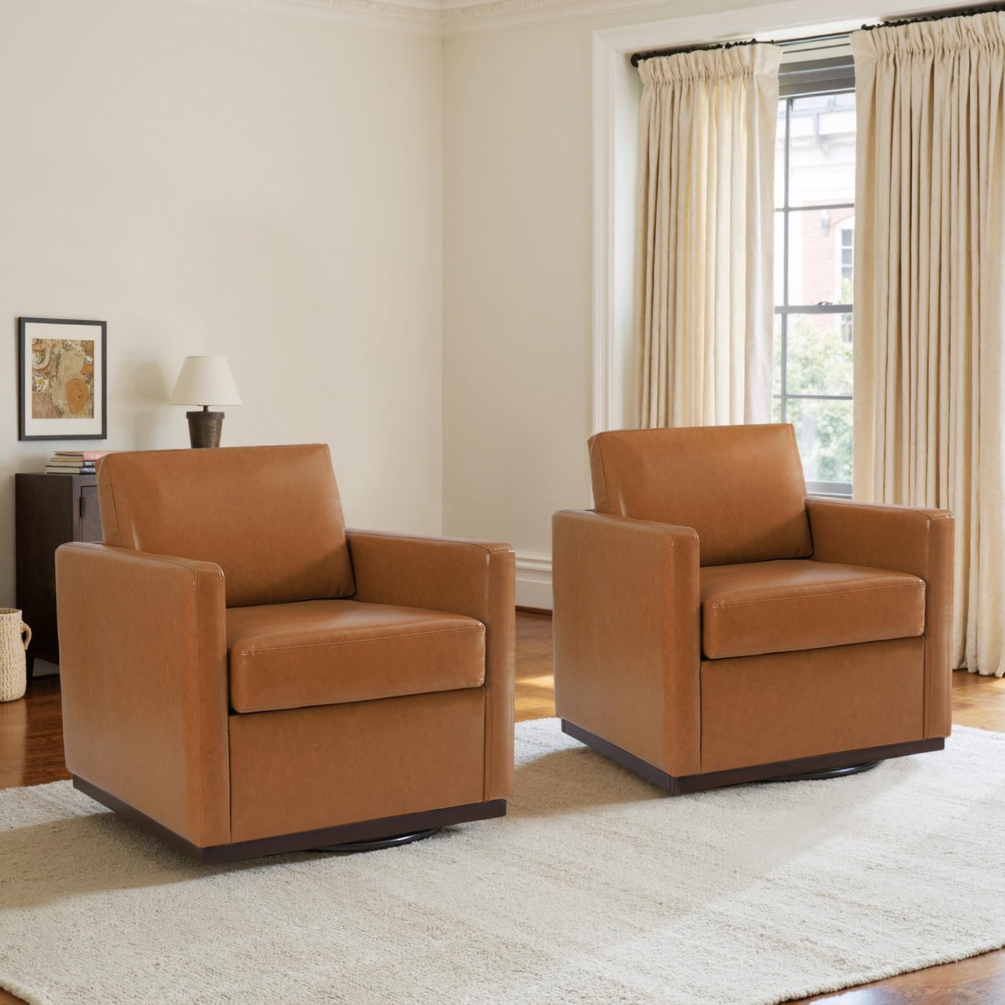 Faux Leather Swivel Accent Chairs Set of 2, 360° Swivel Upholstered Club Armchairs for Living Room, 31" Wide Square Single Sofa Reading Chair with Deep Seat, Metal Swivel Base, Navy