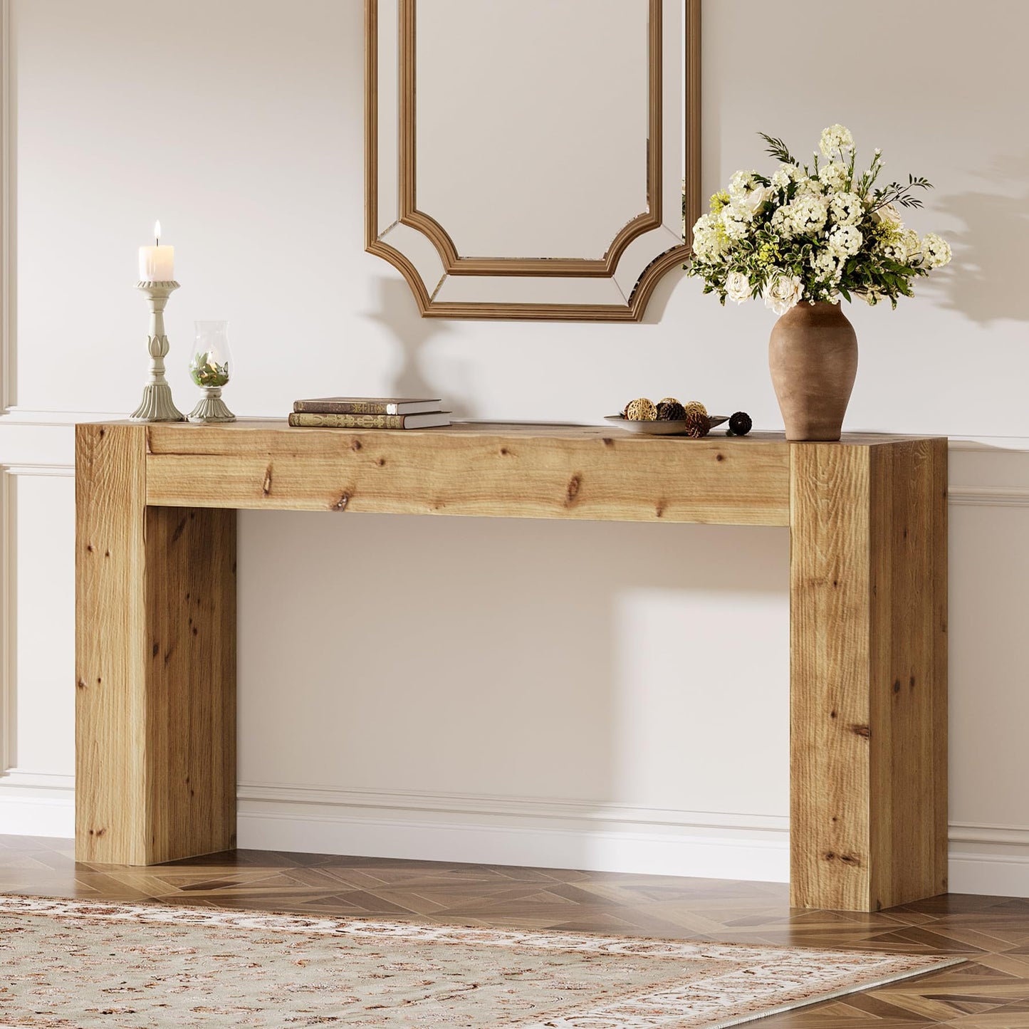 Solid Wood Console Table, 63-Inch Farmhouse Sofa Table Behind Couch for Entryway, Living Room, Foyer, Easy Assembly (Light Wood)
