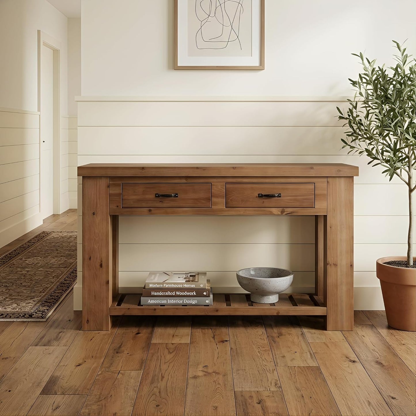 Farmhouse Solid Wood Console Table, 63-Inch Long Entryway Sofa Table with 2 Drawers and Open Slatted Shelf for Hallway, Entrance and Living Room