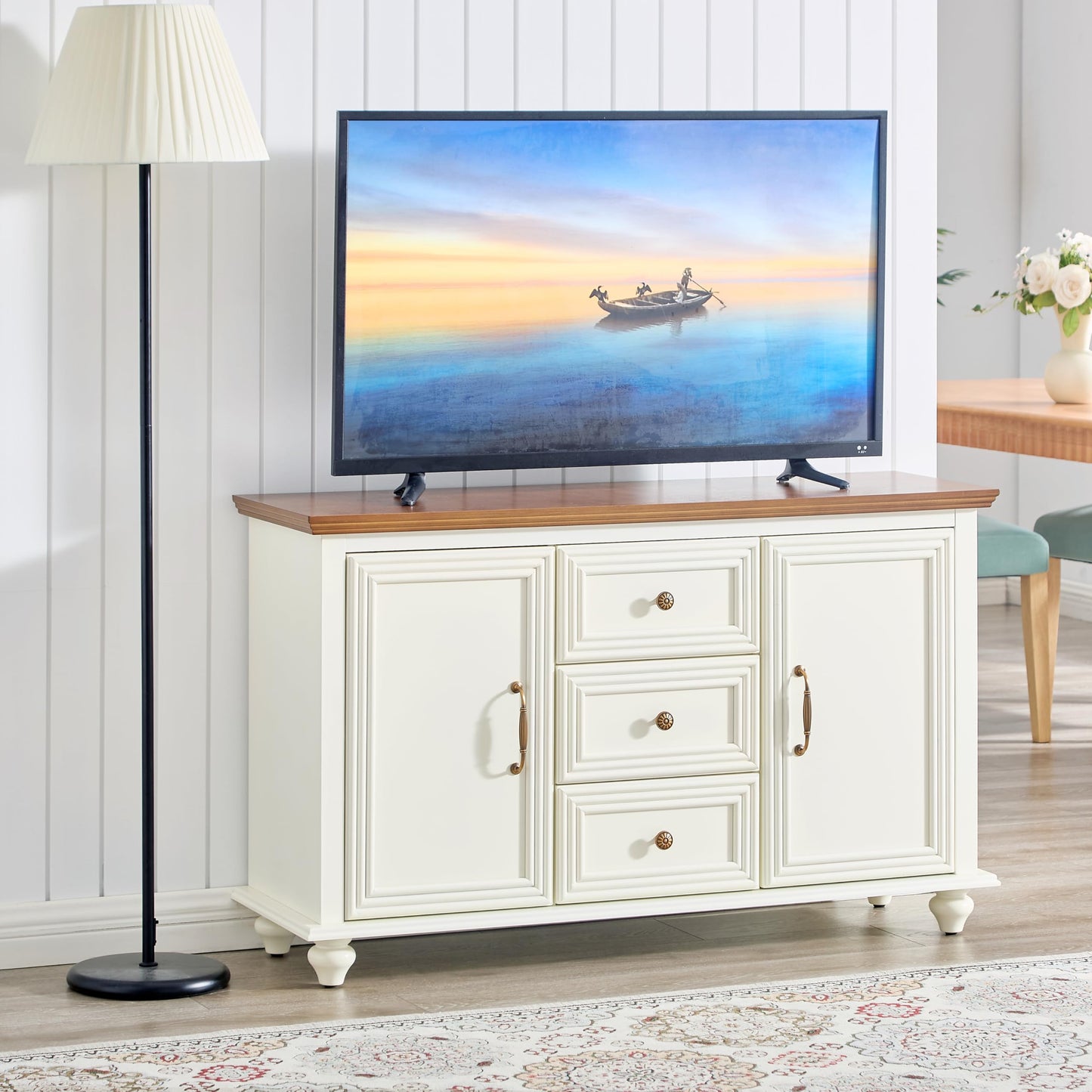 LKTART 40" Sideboard Buffet Accent Storage Cabinet with Carved Pattern Side Board Solid Wood Frame for Kitchen, Living Room, Entryway,Hallway (Blue+Brown)