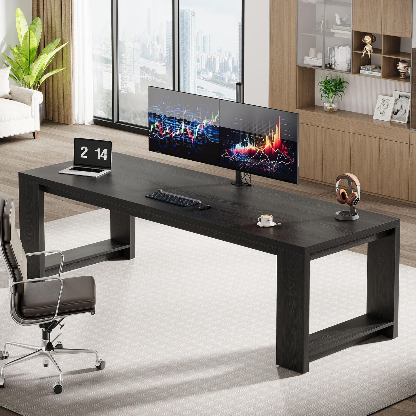 Tribesigns Two Person Desk, 86.6 Inches Extra Long Desk, Double Computer Writing Table, Wood Large Desks Workstation for Home Office, Natural Wood