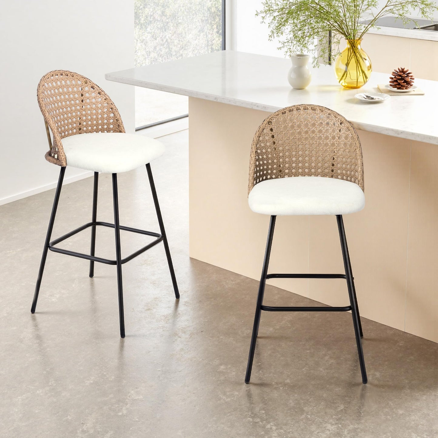28.7" Swivel Bar Stools Set of 2, Mid Century Modern Counter Height Barstools with Rattan Backrest, Upholstered Chenille Armless Bar Chair Island Stools for Kitchen Island, Bar, Beige