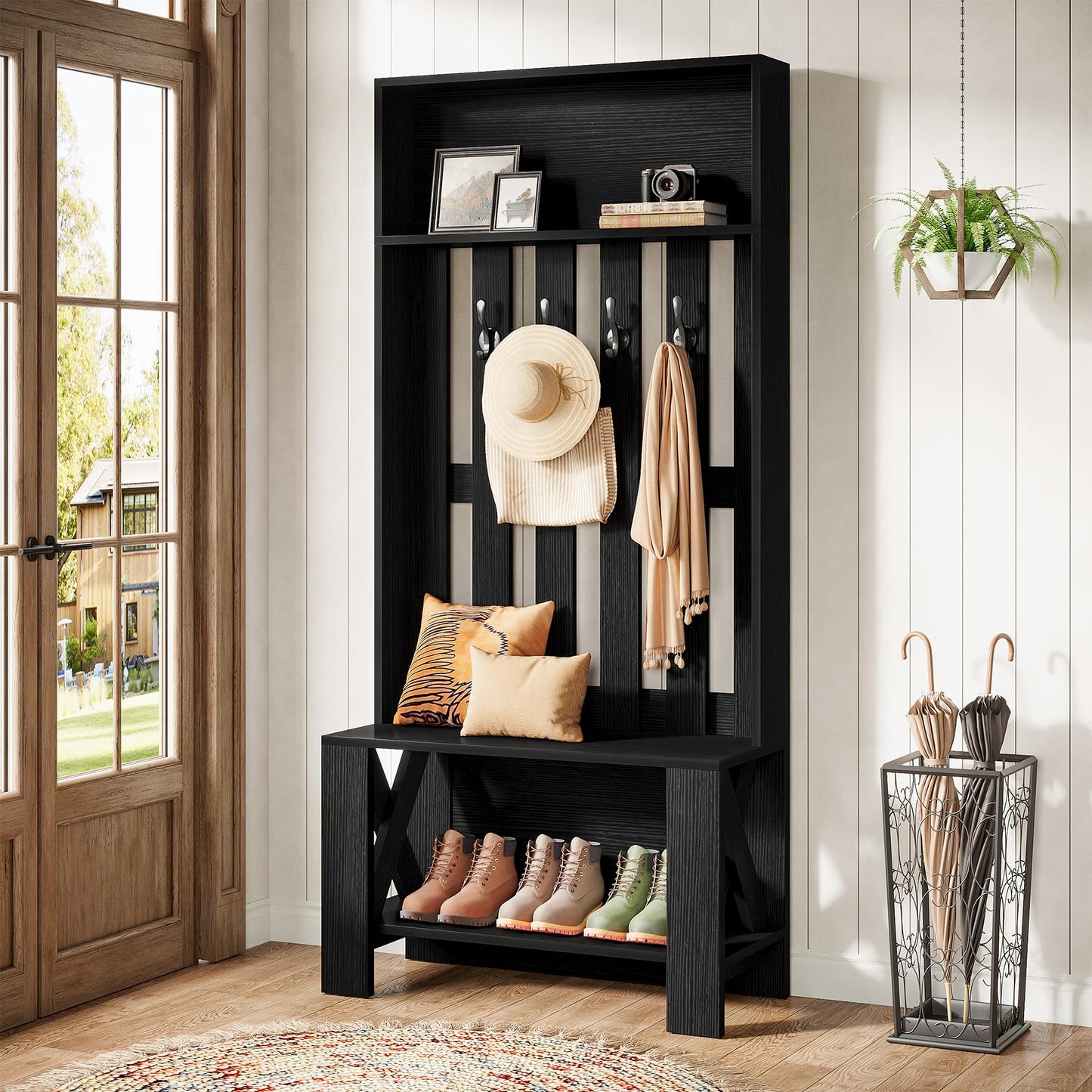 Tribesigns Hall Tree with Bench and Shoe Storage, Farmhouse Entryway Bench with Coat Racks, 70.8" Tall Wooden Hall Tree Organizer with 4 Hooks for Mudroom, Hallway, Bedroom, Space-Saving, Brown